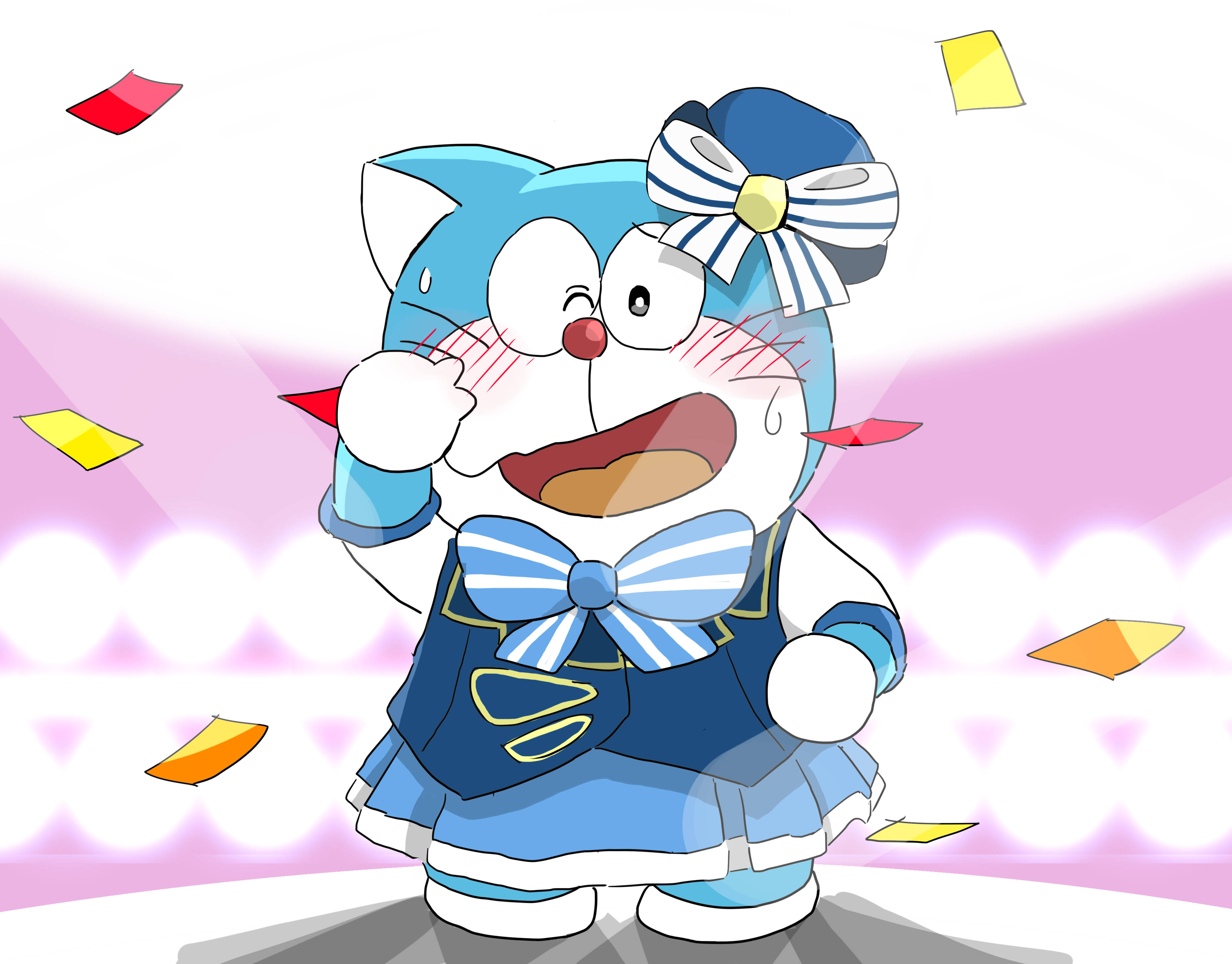 Cute Doraemon 桌布 壁紙 — 穿著藍色水手服、戴著蝴蝶結的哆啦A夢在彩色紙屑飄落時歡快地歡呼。