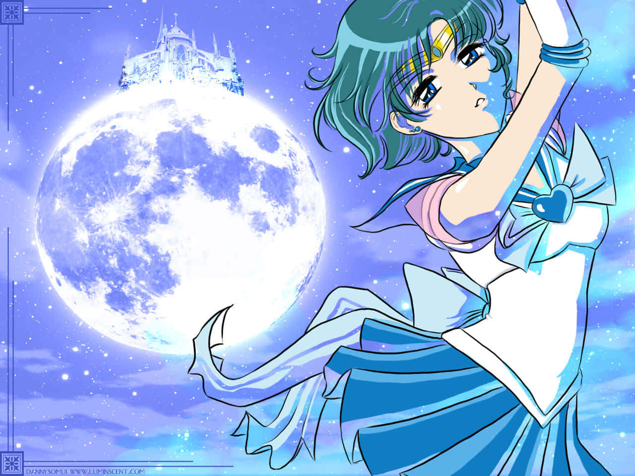 美少女戰士 桌布 壁紙 — 穿著藍色水手服的動漫女孩在巨大月亮前優雅地擺姿勢，上面還有一座城堡漂浮著。