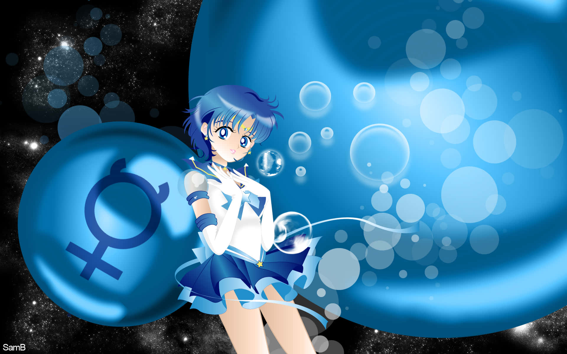 Sailor Mercury 桌布 壁紙 — 穿著藍色水手服的動漫女孩站在發光的藍色球體旁，球體上有女性符號，背景是星空宇宙。