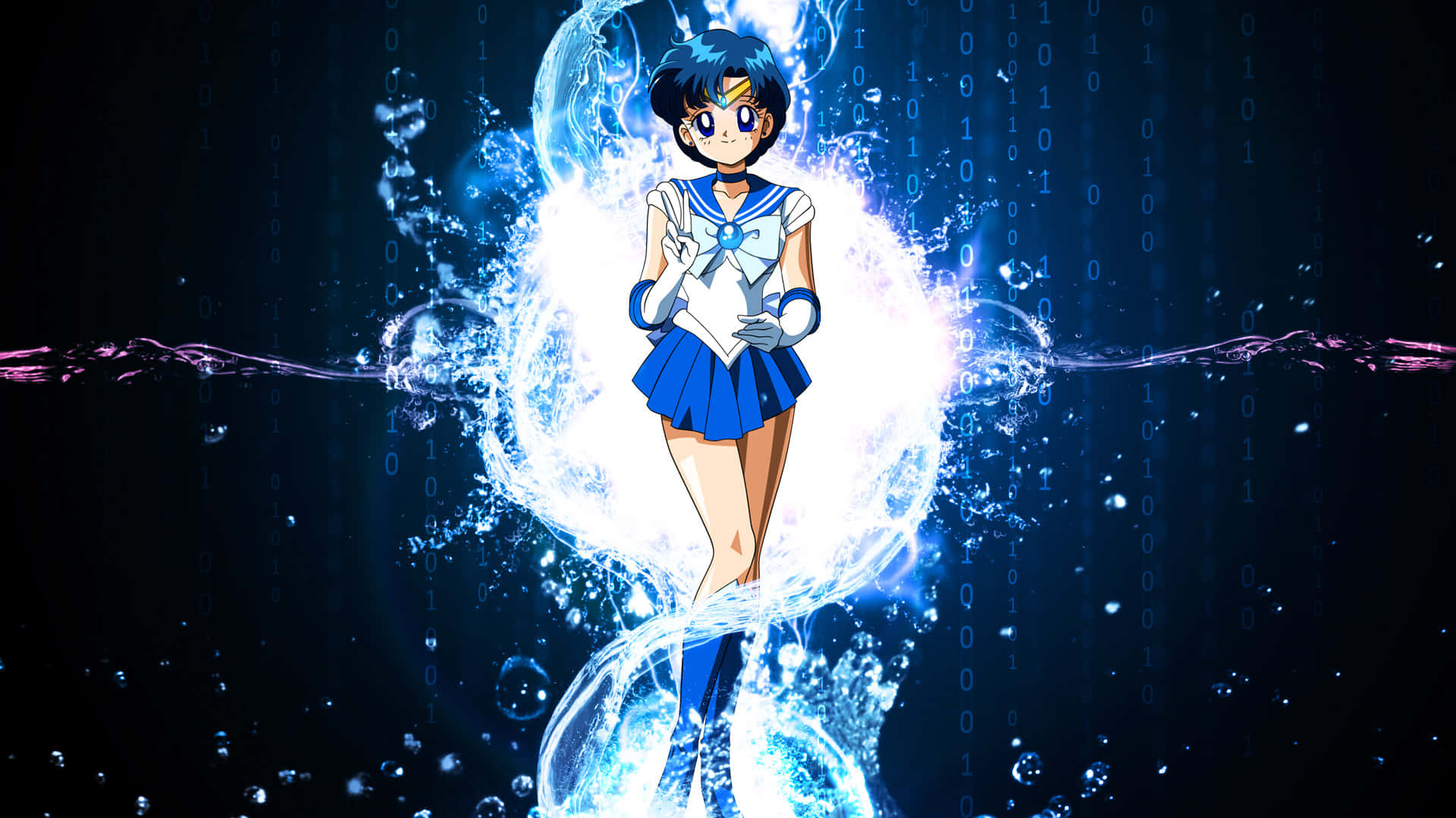 Sailor Mercury 桌布 壁紙 — 穿著藍色水手服的動漫女孩站在發光的水球中，周圍環繞著二進制代碼，背景為深色。