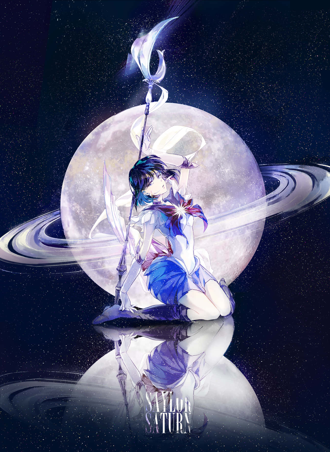 Sailor Saturn 桌布 壁紙 — 穿著藍色水手服的動漫女孩跪在發光的月亮前，身後有土星環，手持新月杖。