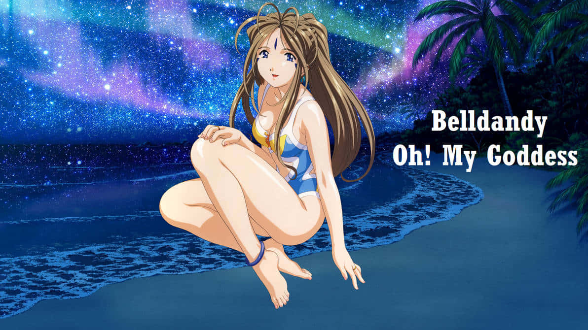 Ah My Goddess 桌布 壁紙 — 穿著藍色泳衣的動漫女孩在棕櫚樹和充滿活力的紫色極光下漂浮在星空海灘上。
