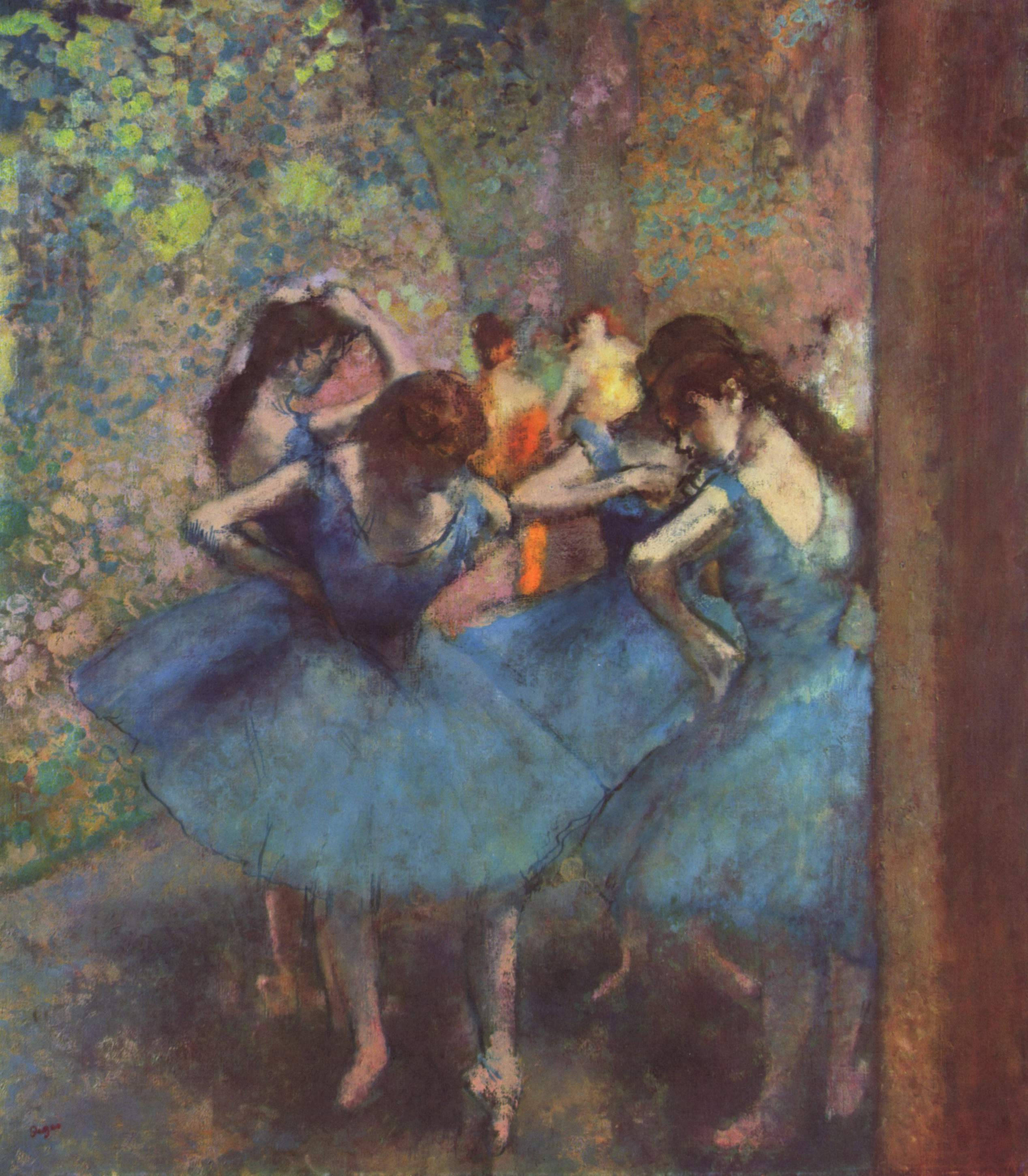 Degas 桌布 壁紙 — 穿著藍色芭蕾舞裙的芭蕾舞者在柔和印象派筆觸下，於斑駁光影的林間空地休息。