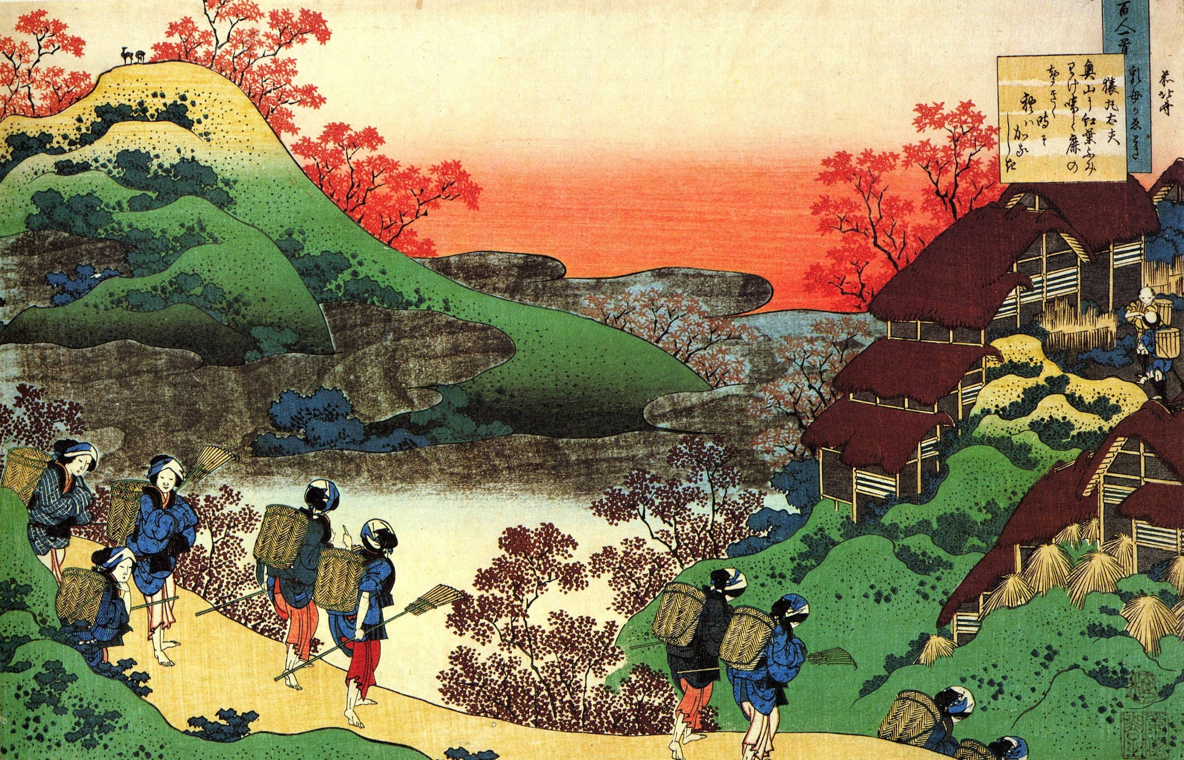 日式藝術 桌布 壁紙 — 穿著藍色長袍的旅人沿著蜿蜒的小路穿過秋日山丘，在火紅的夕陽天空下提著籃子。