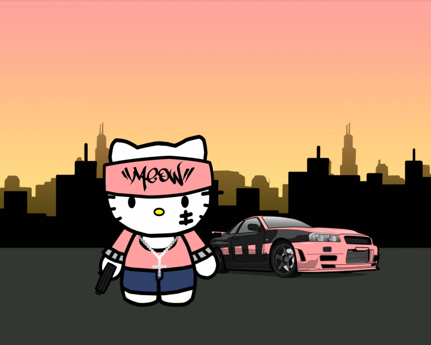 Hello 桌布 壁紙 — 穿著街頭服的Hello Kitty站在一輛粉紅色和黑色的跑車旁邊，背景是日落時分的城市天際線。