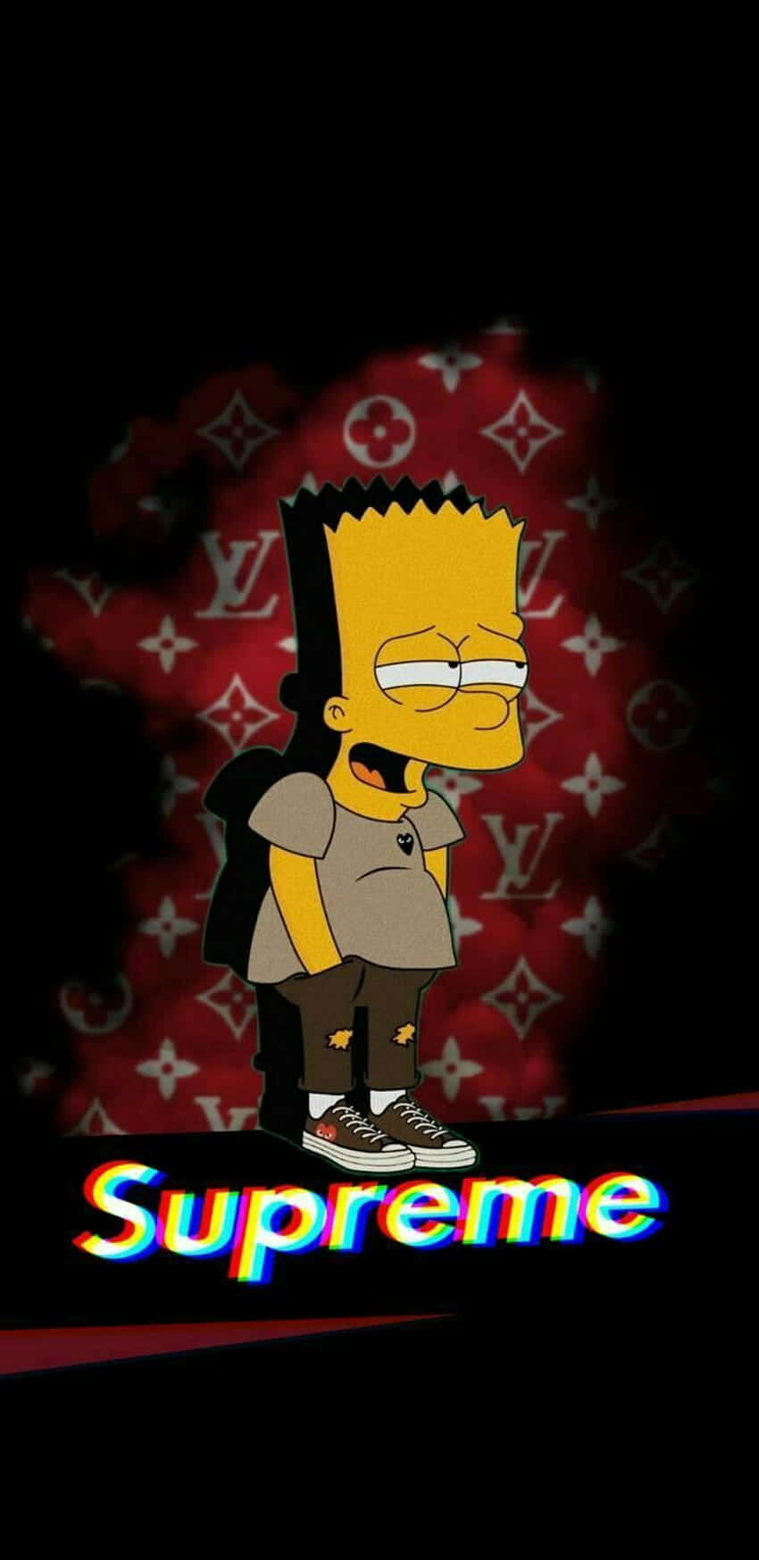 Dope Simpsons 桌布 壁紙 — 穿著街頭服的巴特·辛普森站在紅色路易威登圖案背景前，下方有一個發光的Supreme標誌。