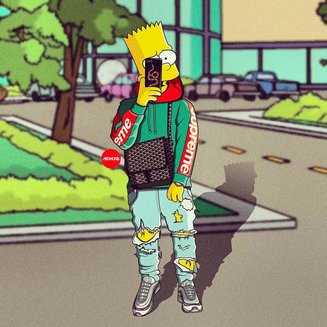 霸子·辛普森 桌布 壁紙 — 穿著街頭服飾的巴特·辛普森在城市人行道上自拍，背景有汽車和樹木。