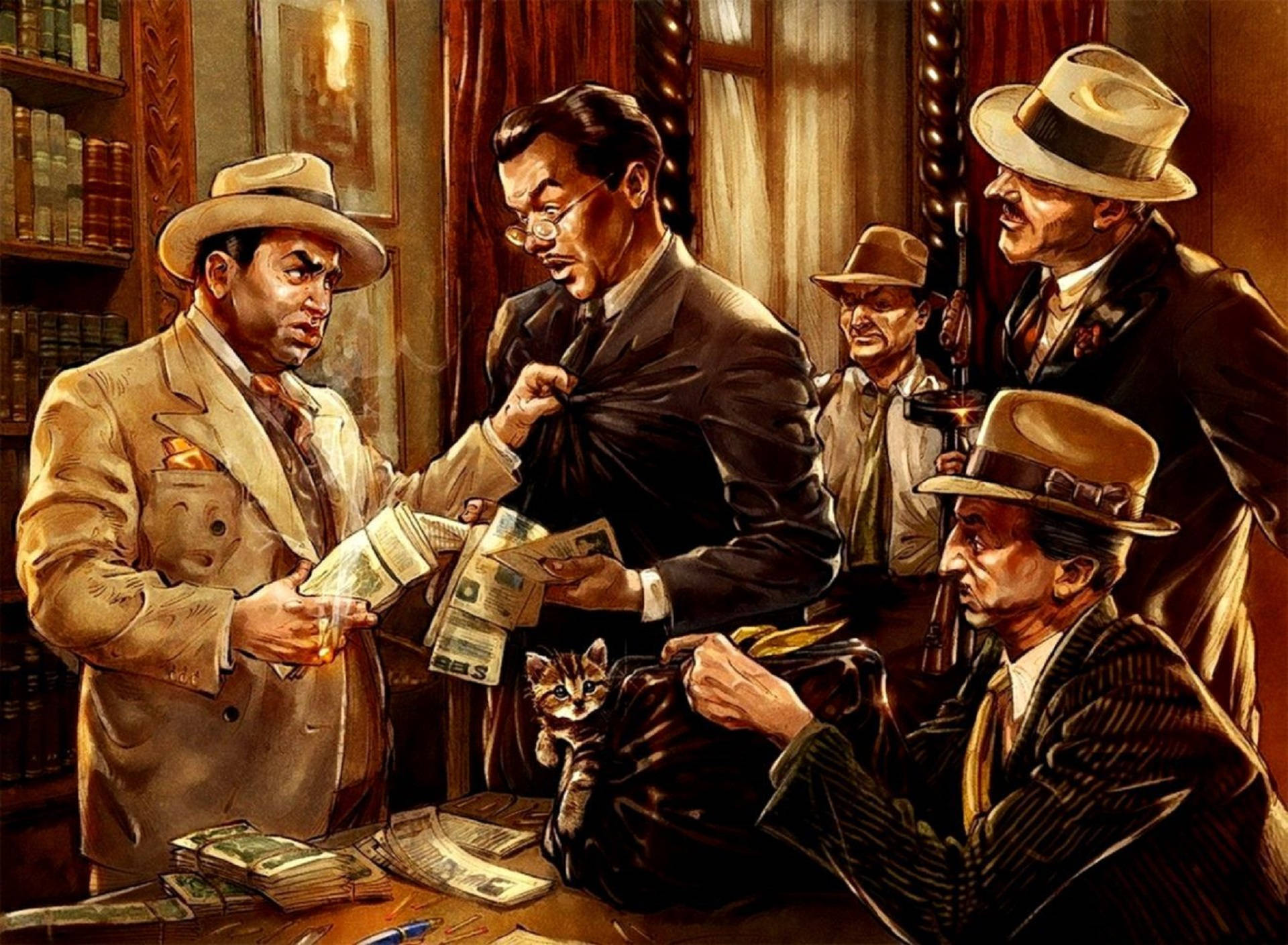 Capone 桌布 壁紙 — 穿著西裝和帽子的男人們在雜亂的辦公桌周圍交易一疊疊現金，一隻貓在溫暖照明的復古辦公室裡觀看。