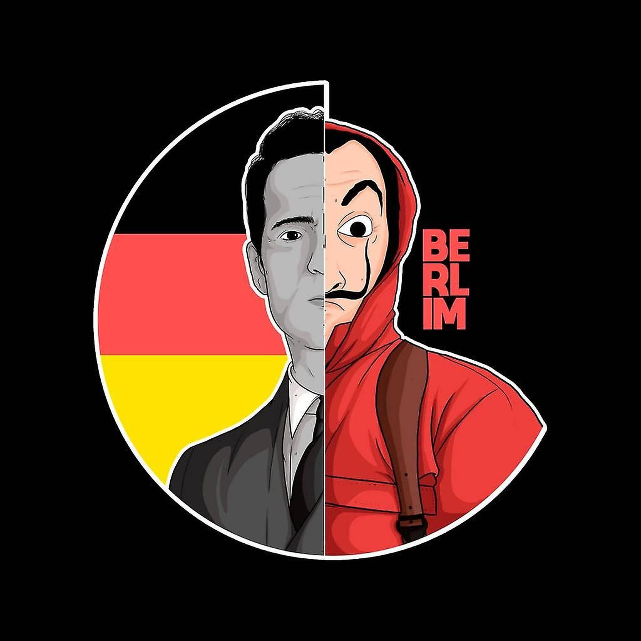 Berlin Money Heist 桌布 壁紙 — 穿著西裝和紅色連帽衫的男士的分割肖像，背景為德國國旗，並帶有粗體紅色的「BERLIN」文字。