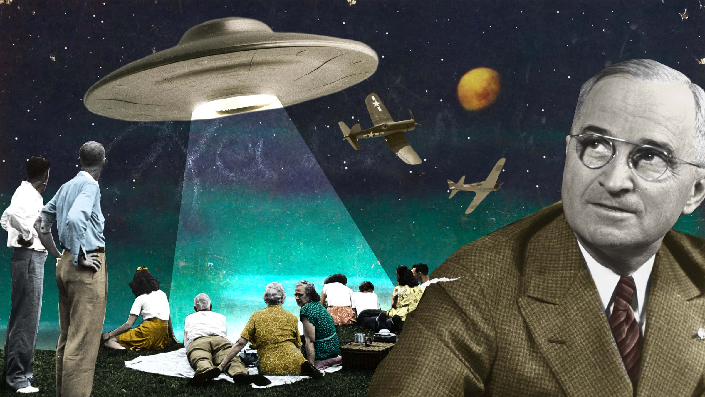 穿著西裝打領帶的男子站在太空船前 壁紙