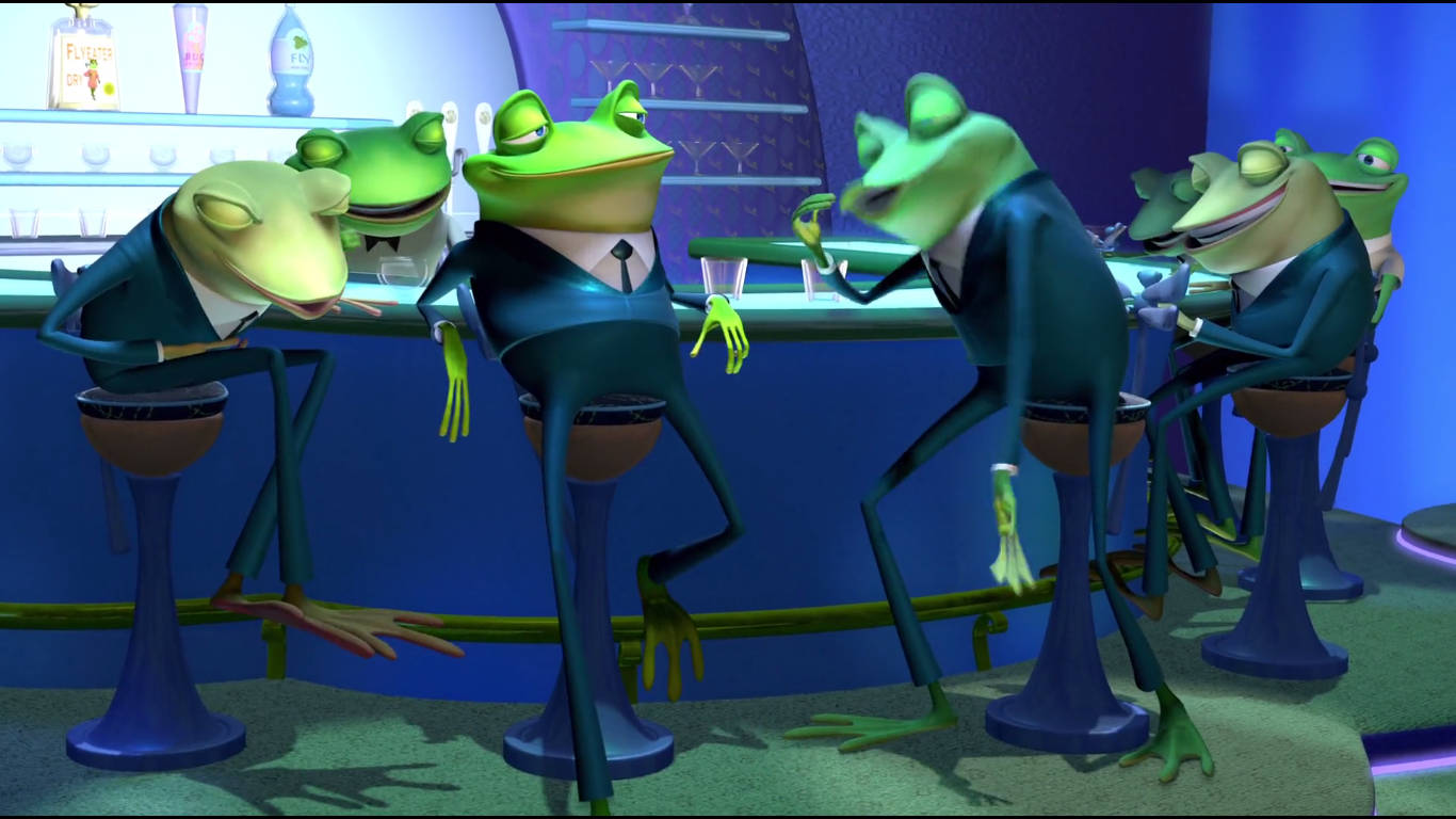 meet the robinsons 桌布 壁紙 — 穿著西裝的青蛙在霓虹燈酒吧裡放鬆，享受發光的飲料和未來主義裝飾。