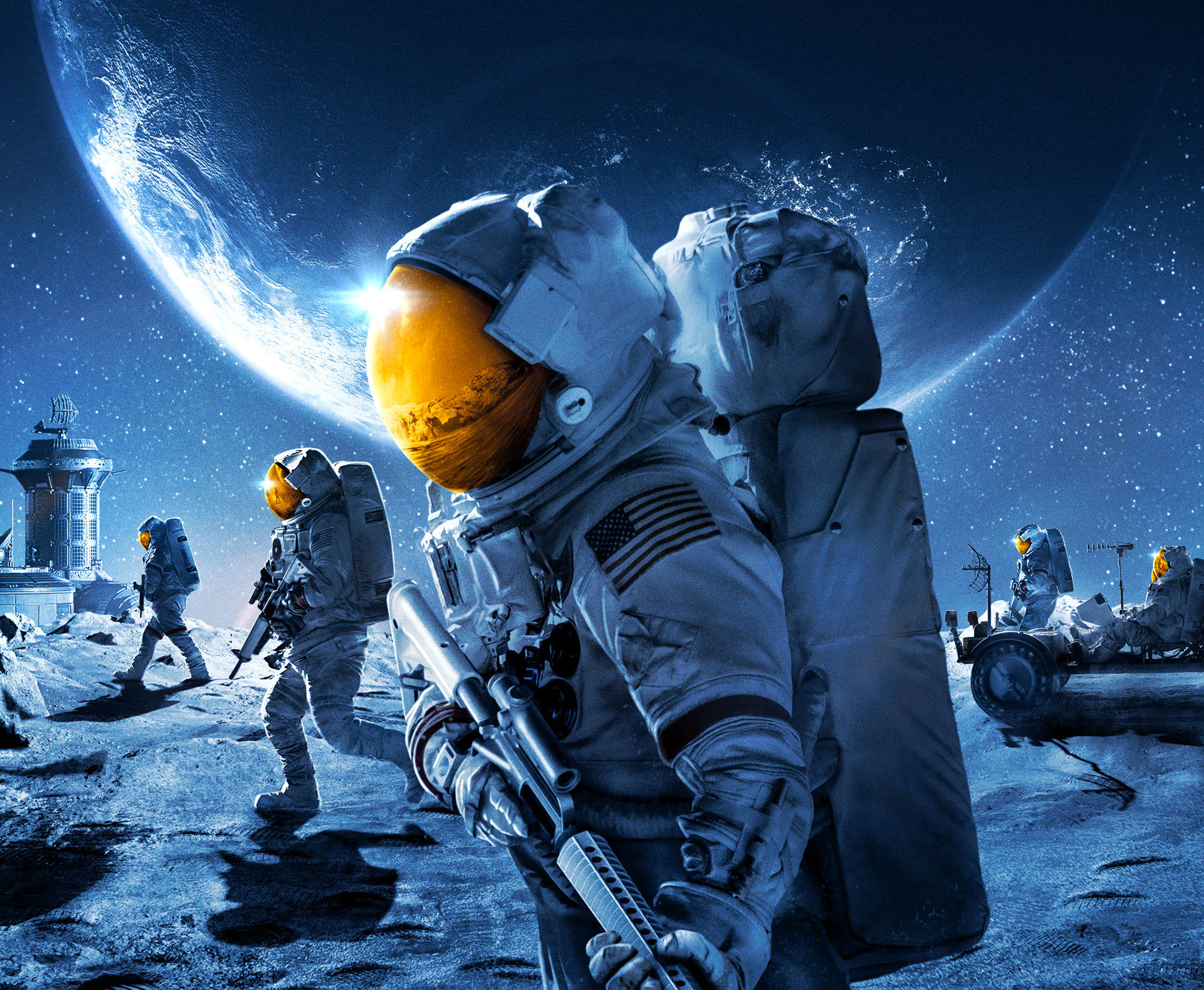 全人類 桌布 壁紙 — 穿著詳細太空衣的太空人在星空下，在一個巨大的發光行星下，在類似月球的表面上行進。