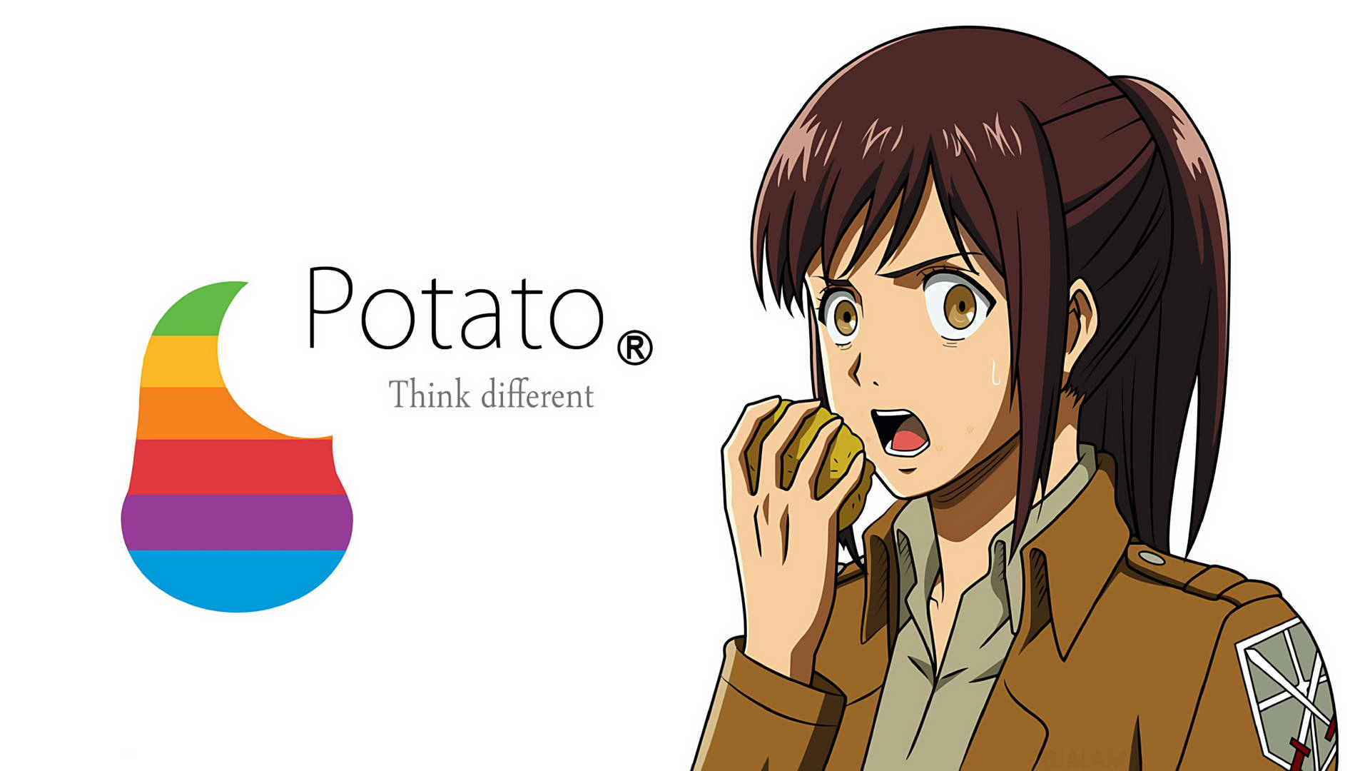 Attack On Titan Characters 桌布 壁紙 — 穿著軍服的動漫女孩正在吃馬鈴薯，彩虹Apple標誌寫著Potato Think different。