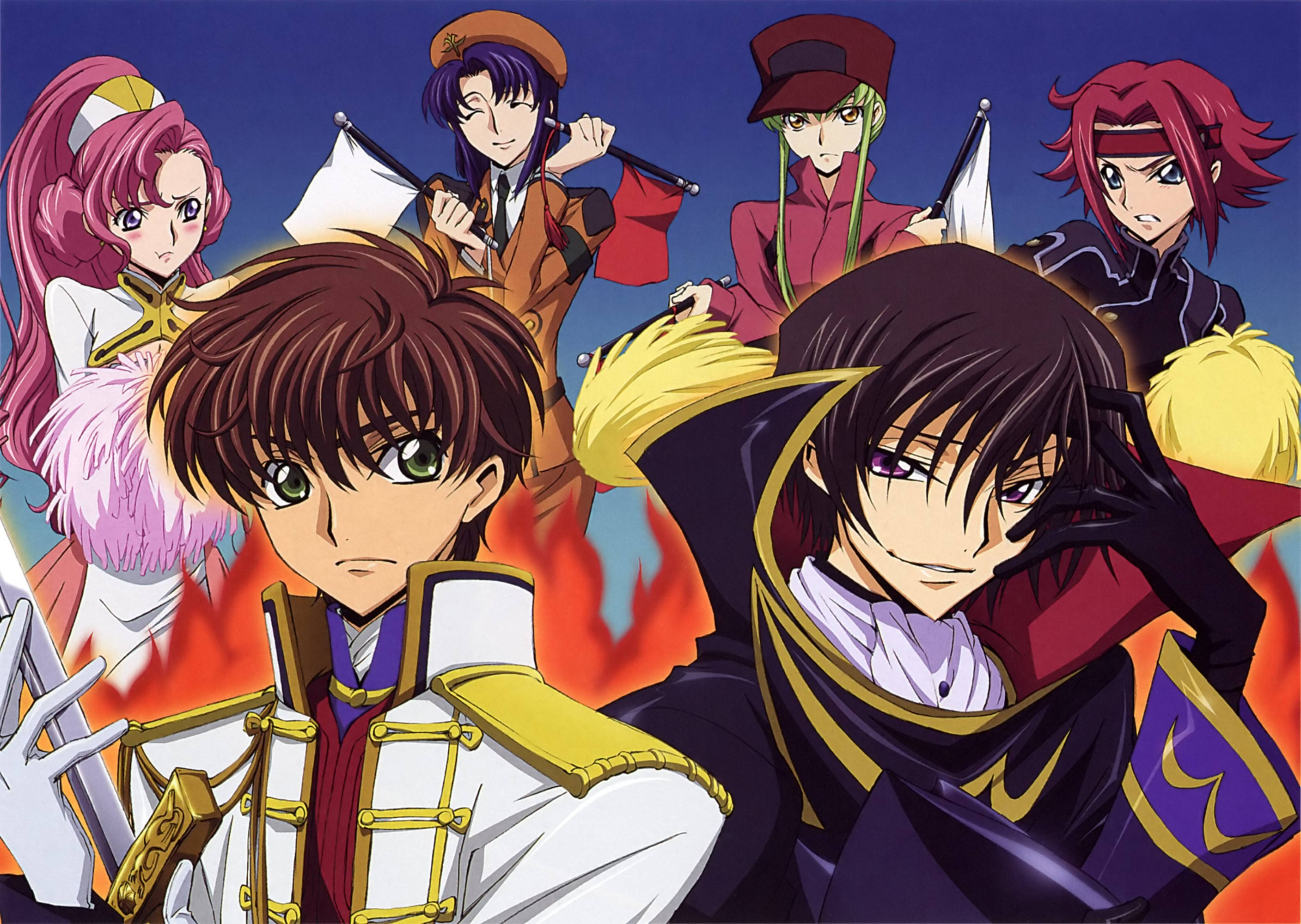 lelouch lamperouge 桌布 壁紙 — 穿著軍服的動漫角色在熾熱背景下站立，表情強烈。