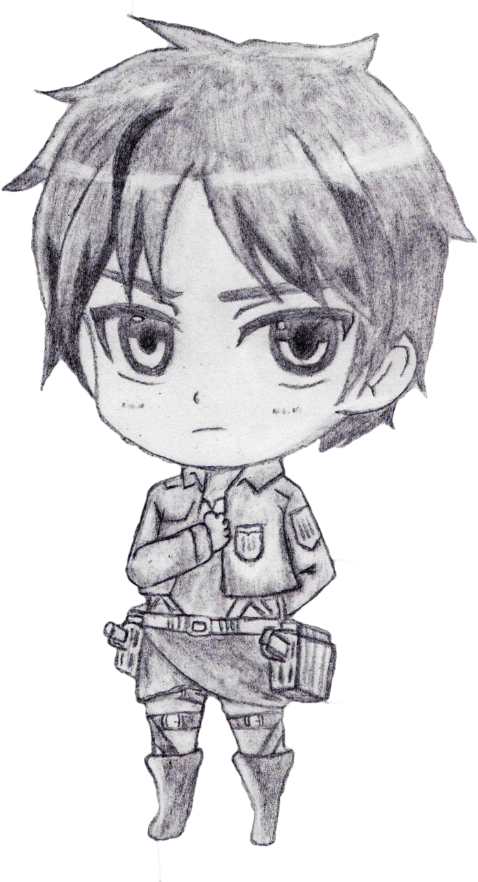 Mikasa Ackerman 桌布 壁紙 — 穿著軍裝、表情嚴肅的Q版動畫男孩，以鉛筆素描風格繪製。