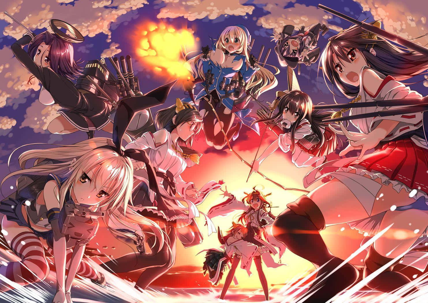 Kancolle 桌布 壁紙 — 穿著軍裝的動漫女孩在熾熱的爆炸和發光的雲層中戰鬥，呈現出動態的動作場景。