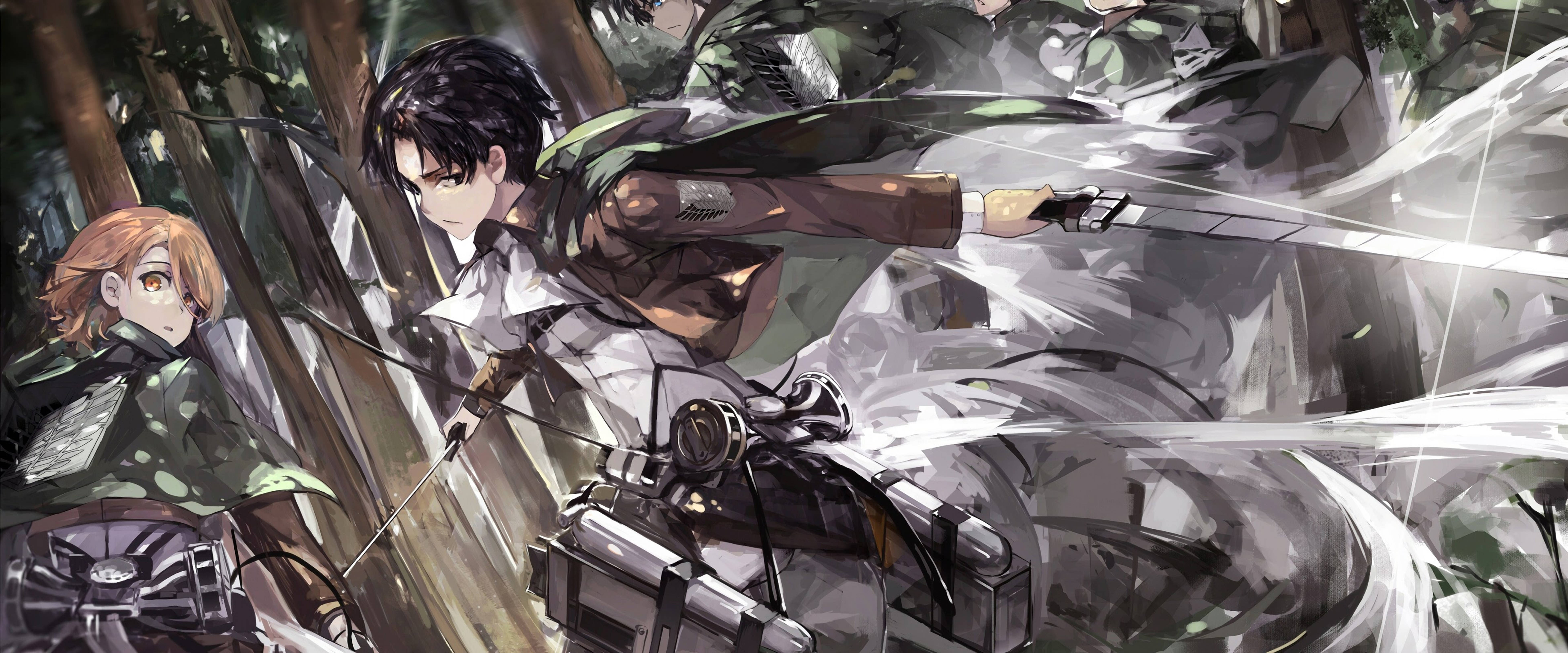 Levi 桌布 壁紙 — 穿著軍裝的動漫角色在茂密的森林中跳躍，拔出劍，周圍環繞著運動軌跡。