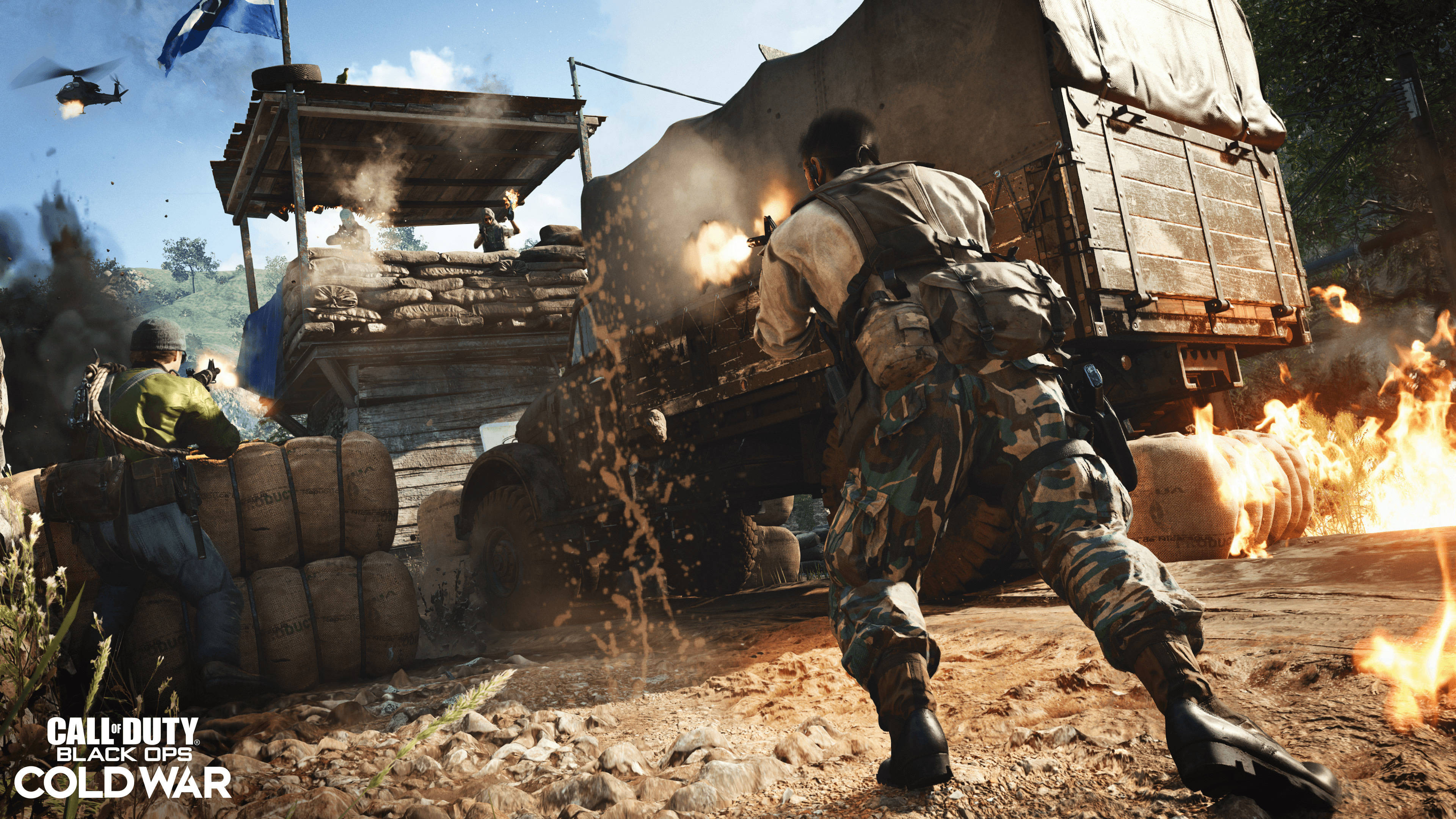 Cod 桌布 壁紙 — 穿著迷彩服的士兵在明亮的日光下，在混亂的戰區中，於爆炸和燃燒的車輛之間戰鬥。