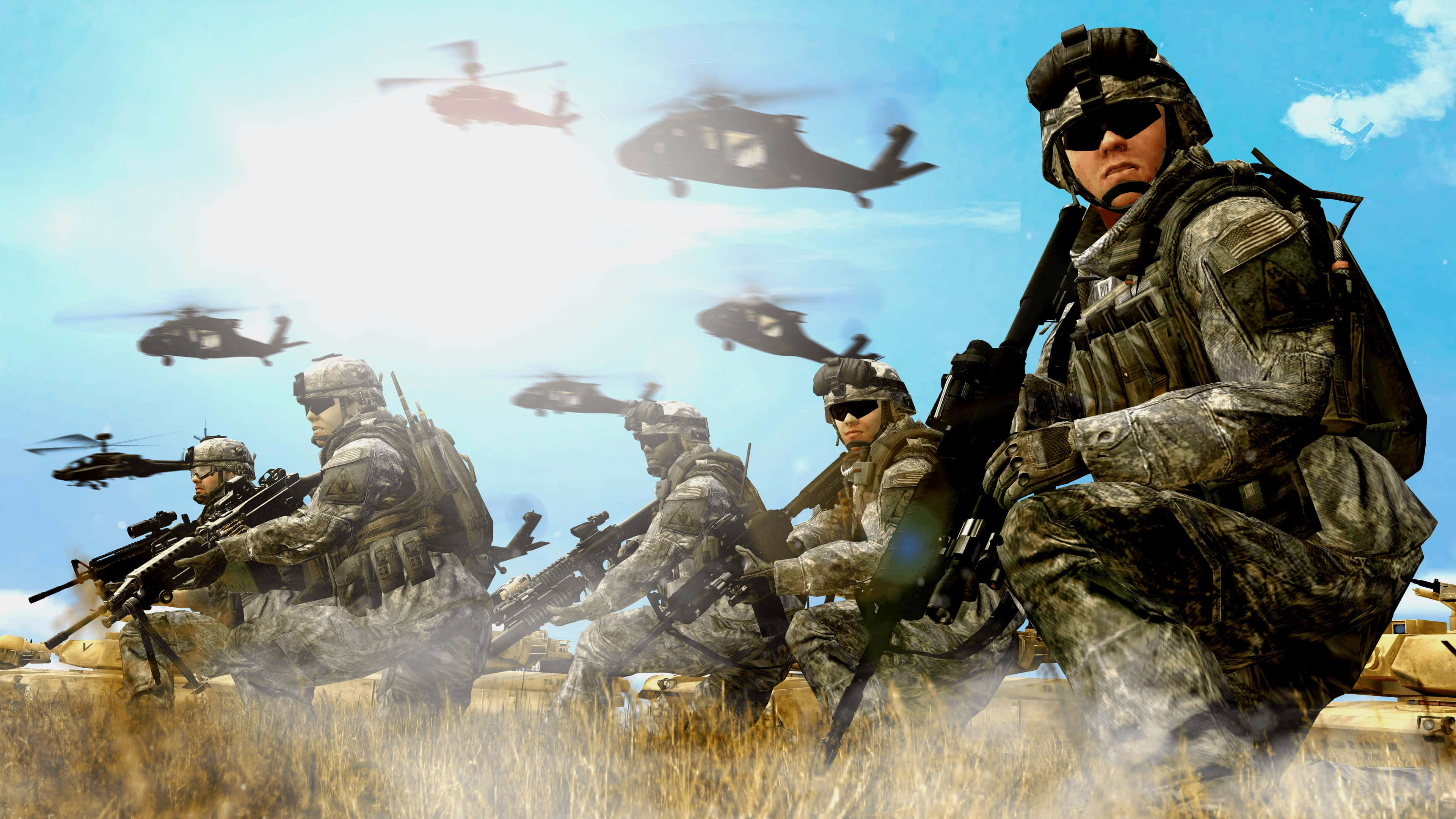 4K Military 桌布 壁紙 — 穿著迷彩裝備的士兵在乾草中前進，直升機在明亮的藍天下飛過頭頂。