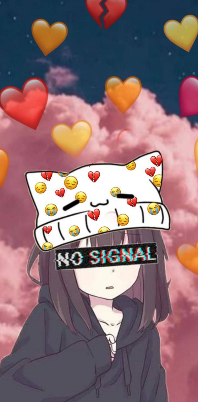 Pfp 桌布 壁紙 — 穿著連帽衫的動漫女孩戴著帶有表情符號和「no signal」文字的貓帽，背景是粉紅色的雲朵和漂浮的心形。