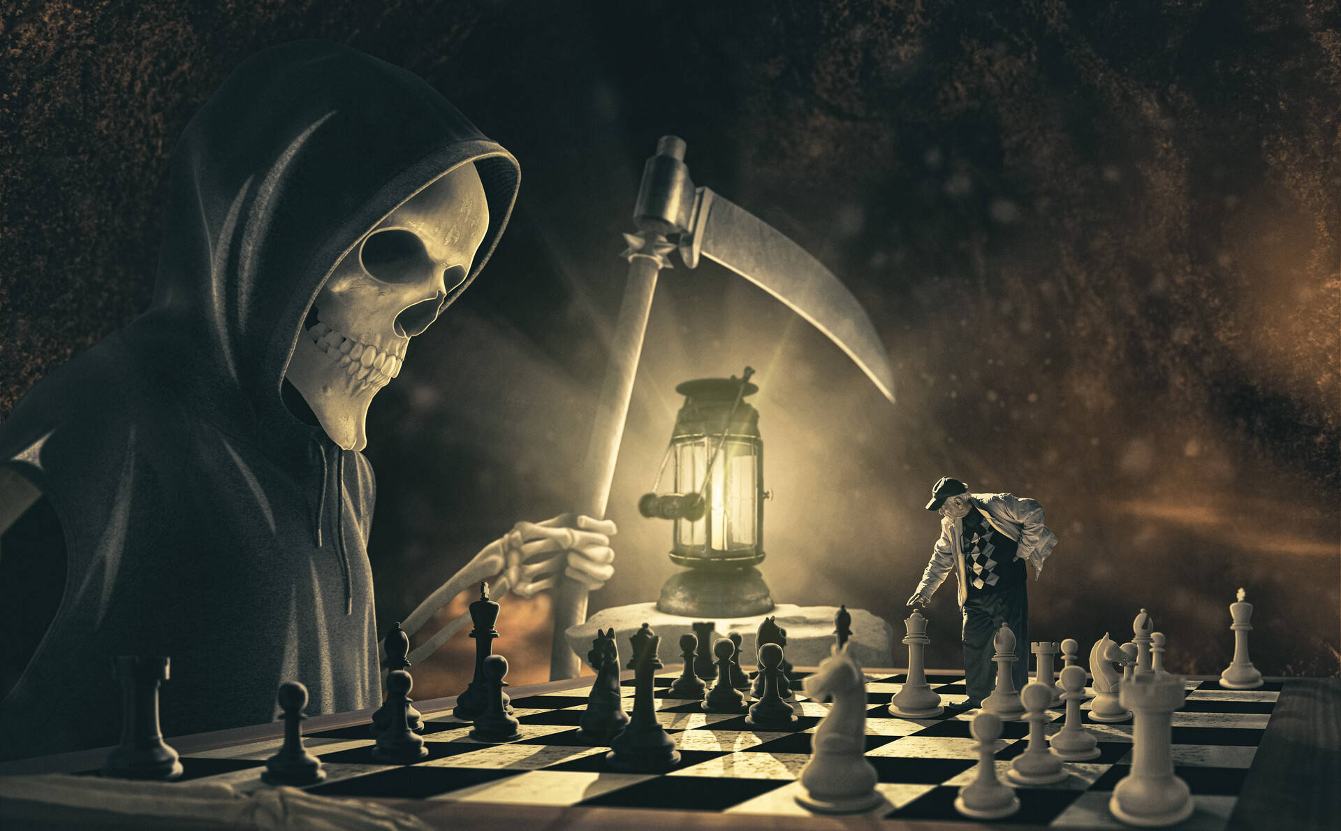 Life And Death 桌布 壁紙 — 穿著連帽長袍的死神在黑暗洞穴中發光的燈籠下與小人下棋。