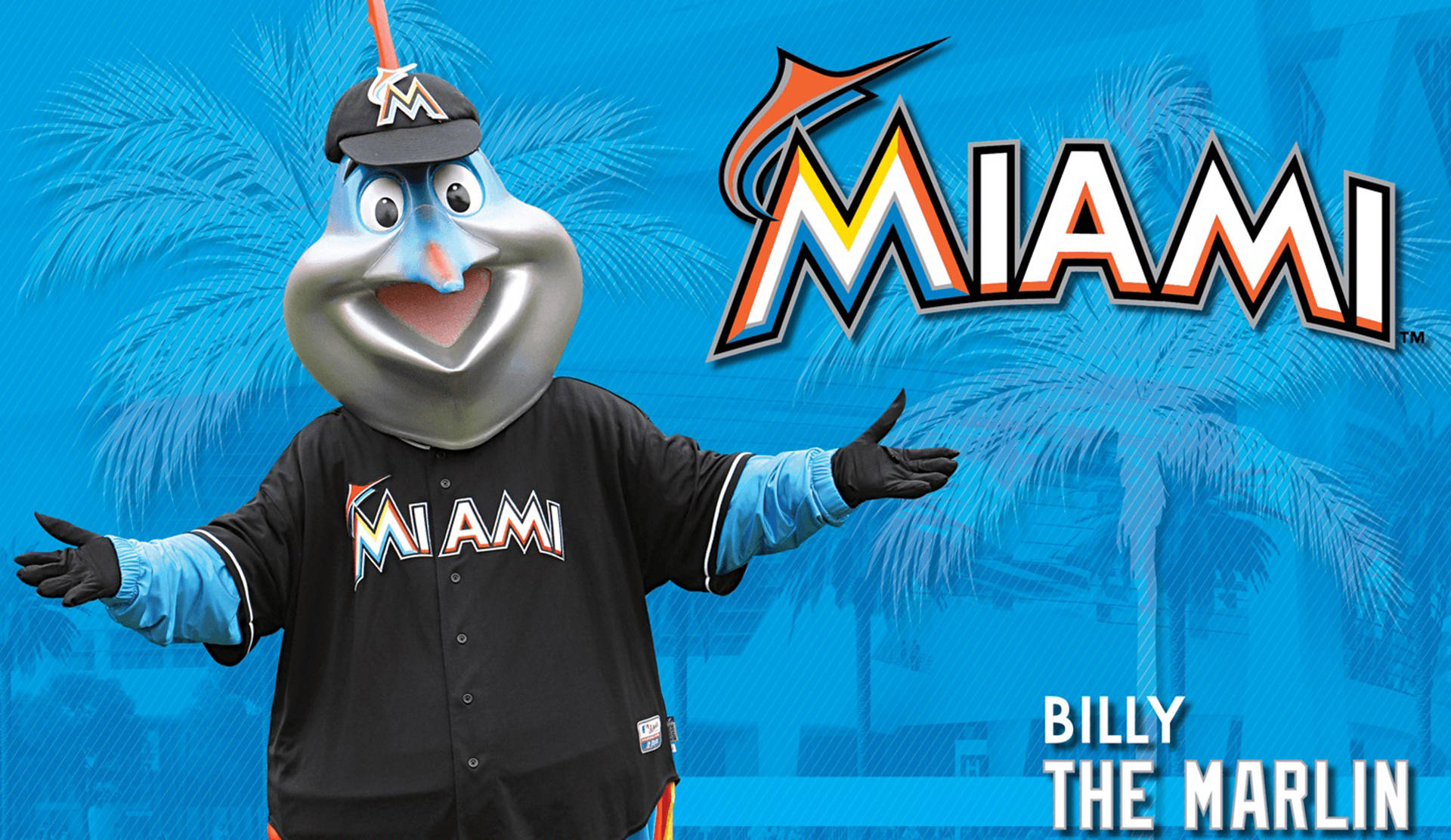Marlins 桌布 壁紙 — 穿著邁阿密棒球服的比利馬林魚吉祥物在充滿活力的藍色棕櫚樹背景下燦爛微笑。