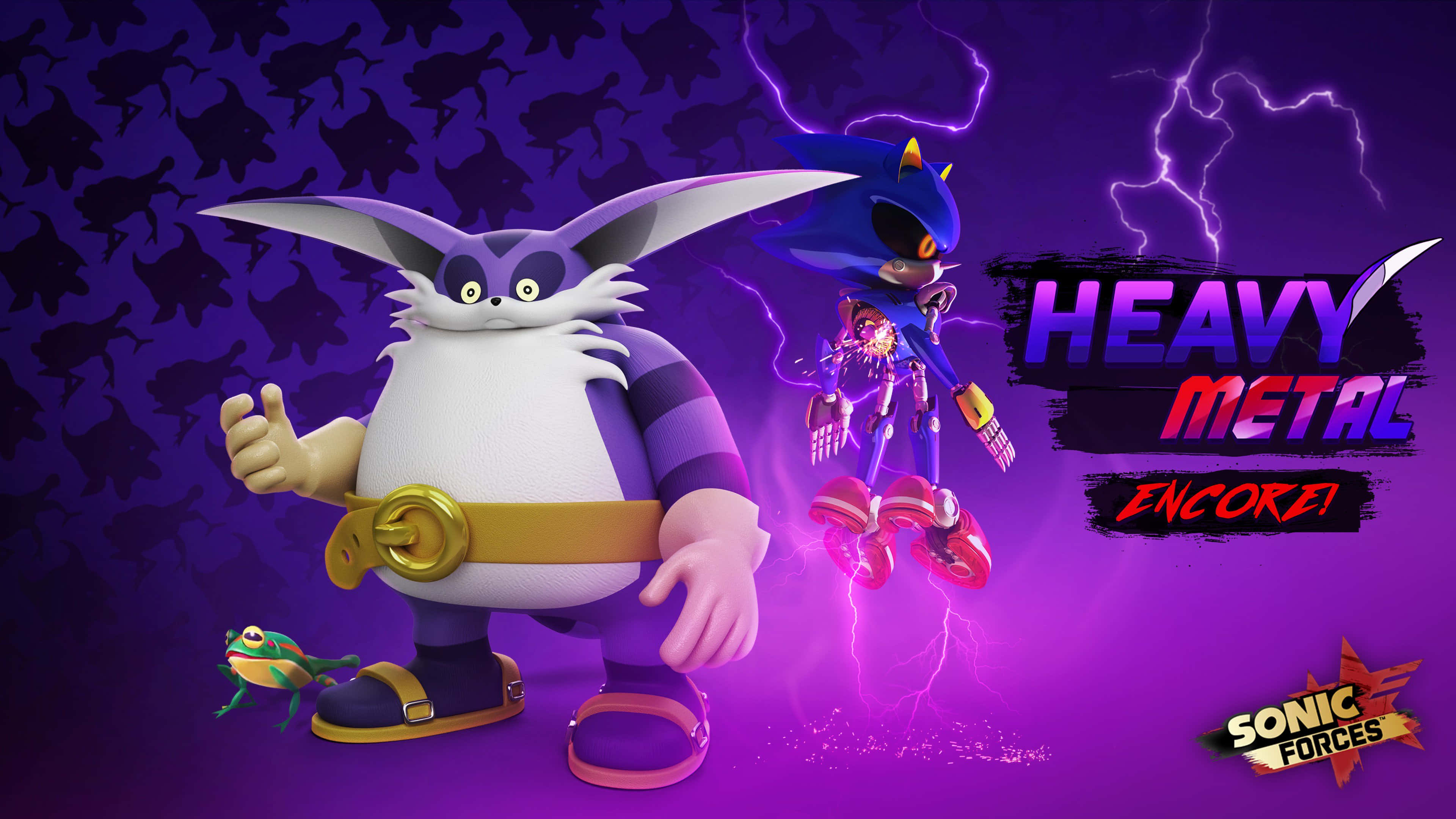 Big The Cat 桌布 壁紙 — 穿著重型金屬盔甲的索尼克站在一個紫色兔形角色旁邊，背景是帶閃電的暴風雨紫色背景。
