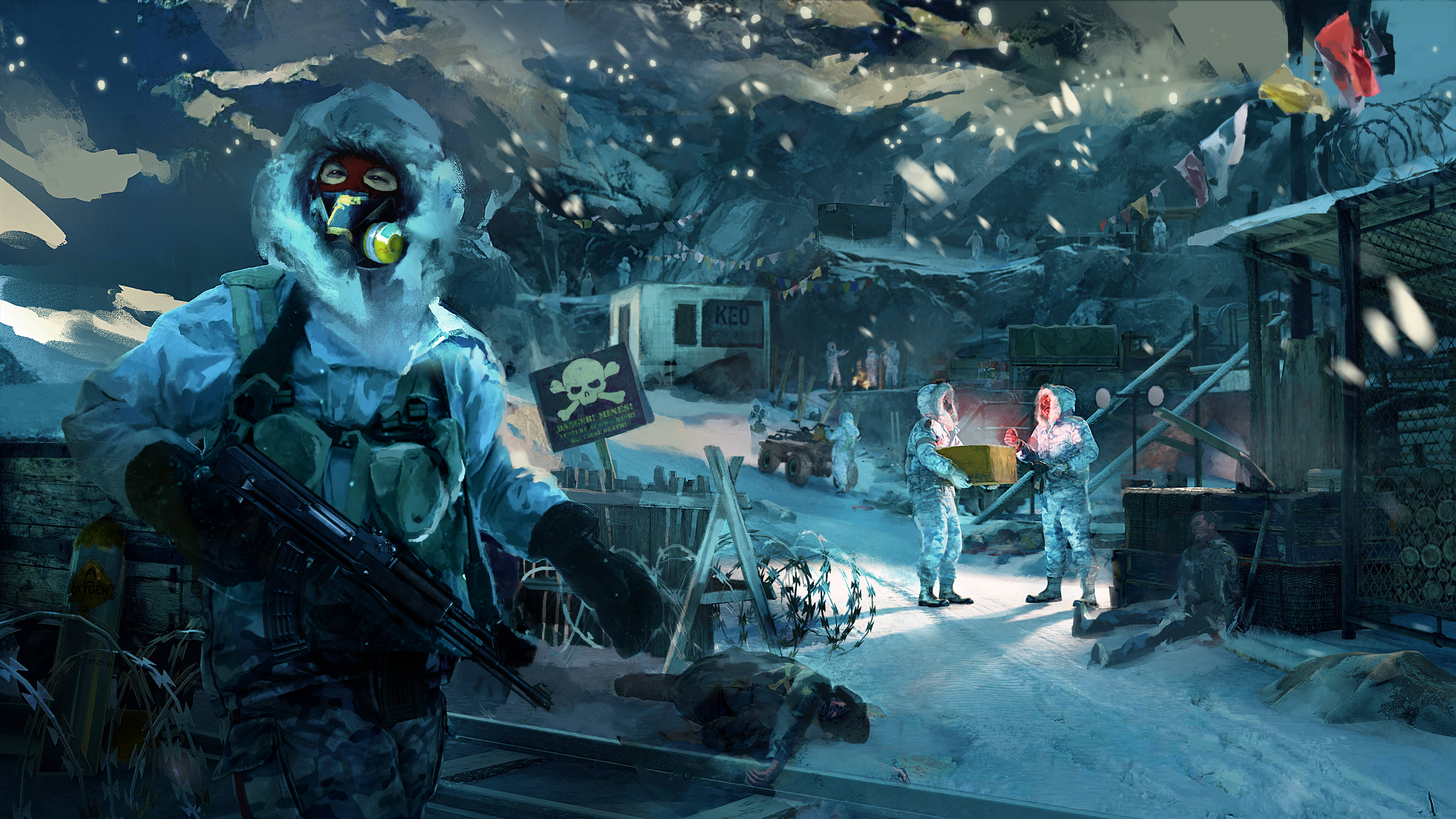 Far Cry 4 桌布 壁紙 — 穿著雪地裝備的士兵在飄雪中巡邏一個陰沉的冬季前哨，背景有鐵絲網和旗幟。