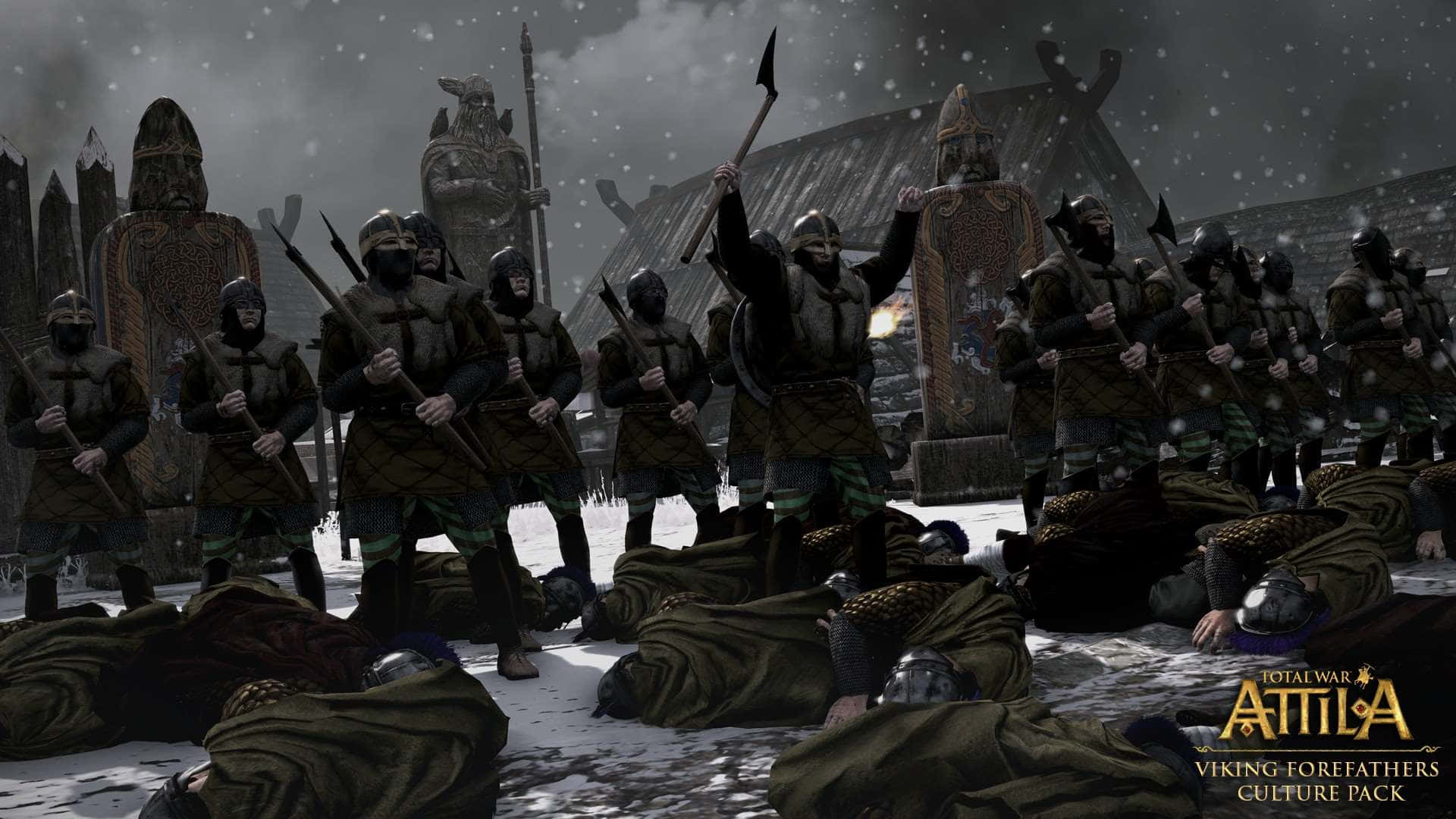 Total War Attila 桌布 壁紙 — 穿著雪地裝備的維京戰士在風暴天空下的黑暗冬季戰場上，勝利地站在倒下的敵人之上。