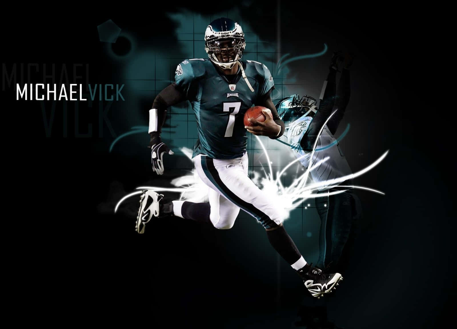 遊戲 桌布 壁紙 — 穿著青綠色7號球衣的美式足球員Michael Vick，在帶有發光條紋的深色抽象背景上，手持橄欖球衝刺。