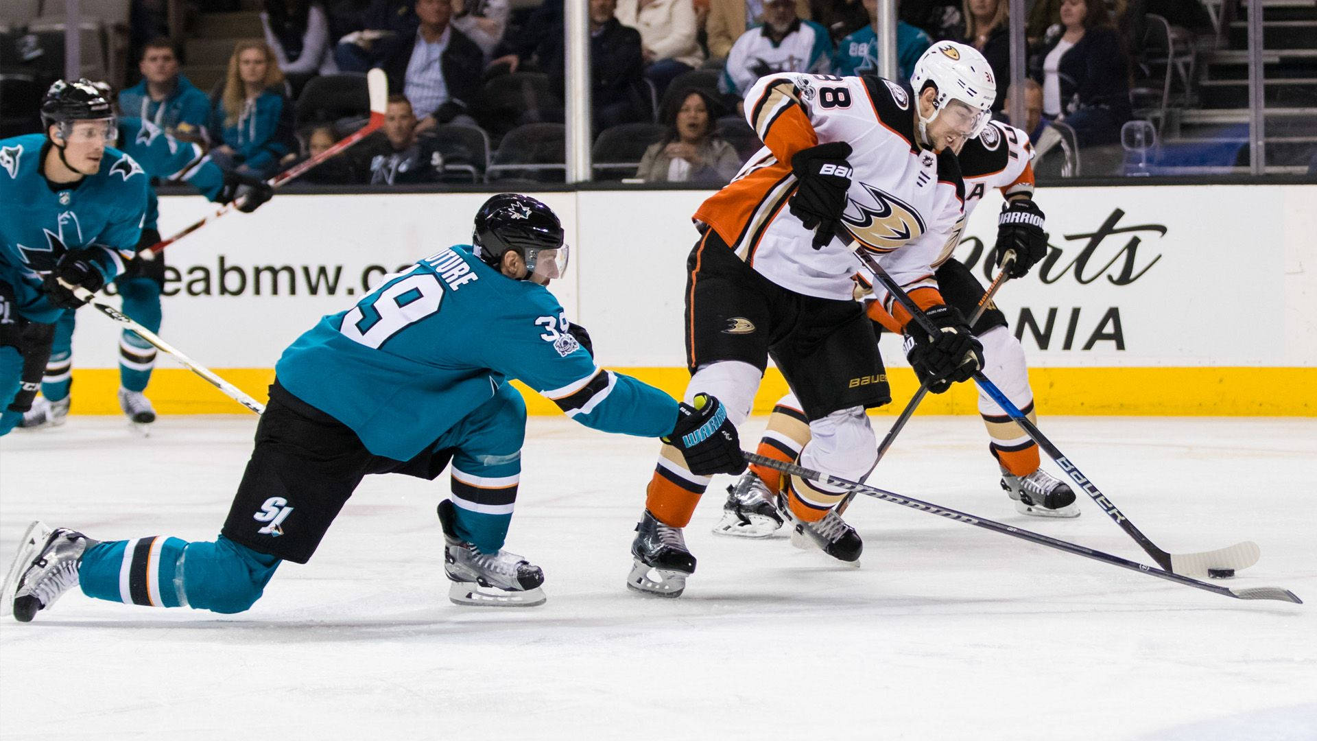 hockey 桌布 壁紙 — 穿著青綠色和白色球衣的曲棍球運動員在競技場燈光下，在明亮的冰面上爭奪控球權。