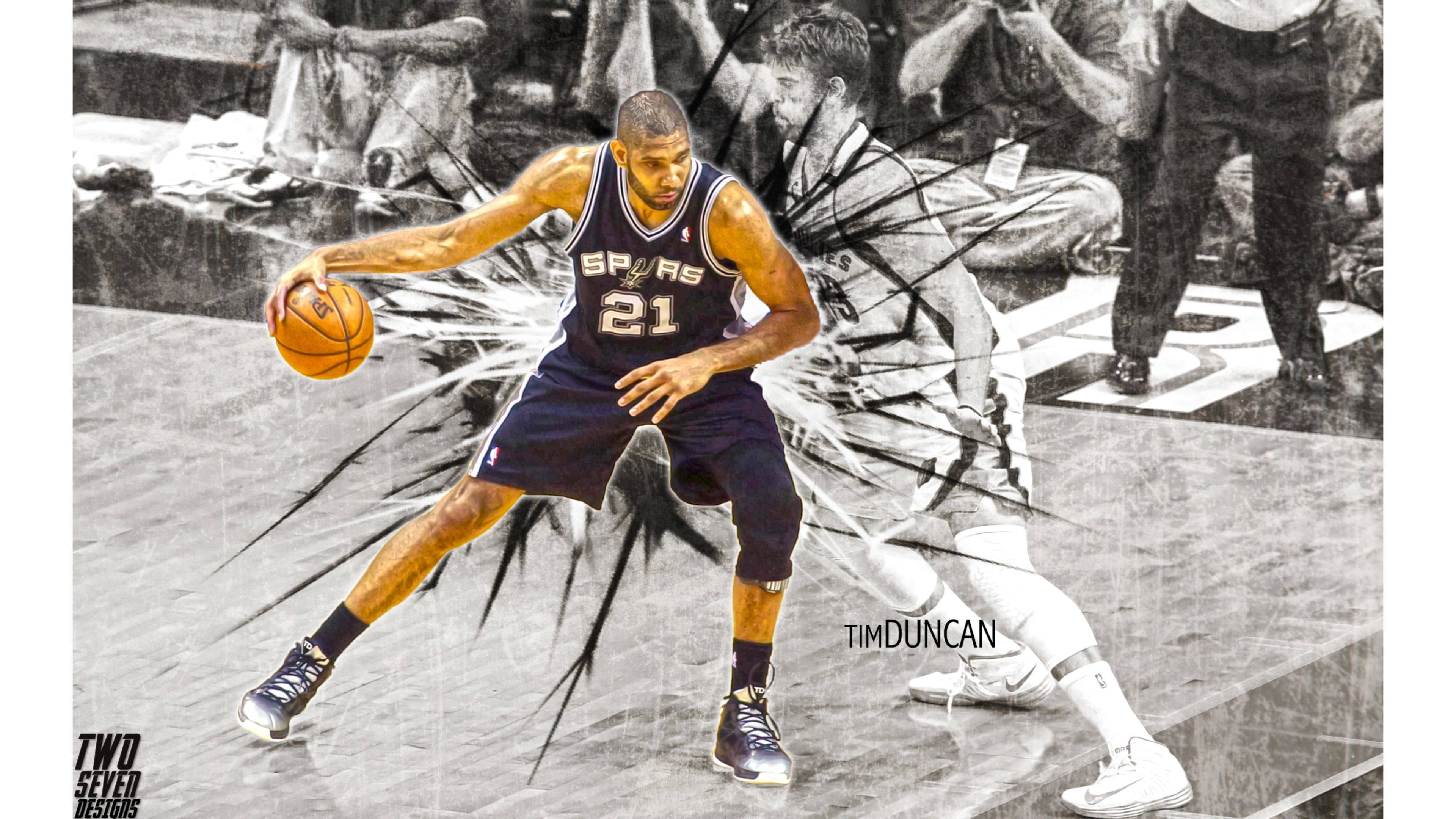 Tim Duncan 桌布 壁紙 — 穿著馬刺隊球衣的提姆·鄧肯運球，動態黑白運動線條強調動作。