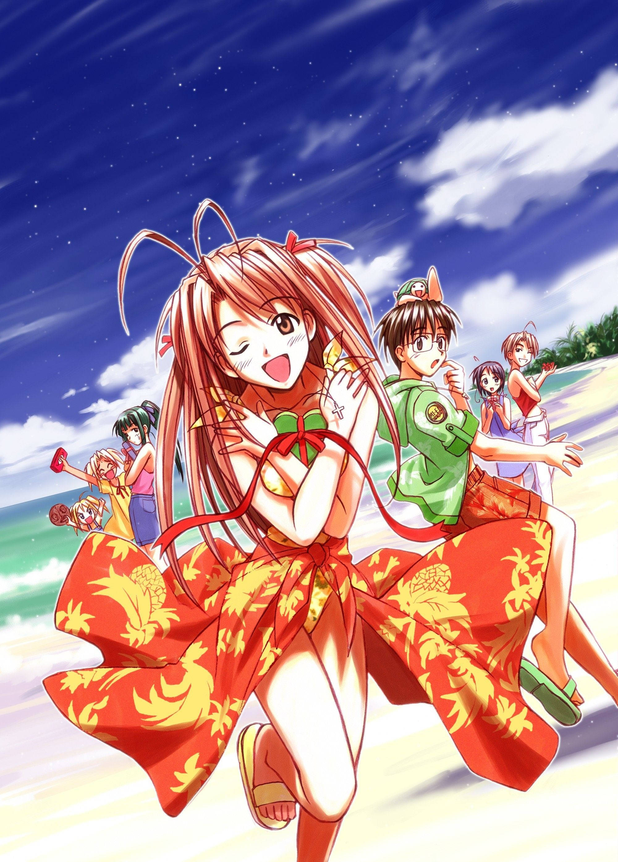 Hina 桌布 壁紙 — 穿著鮮豔浴衣的動漫女孩在星空暮色下的沙灘上快樂奔跑。