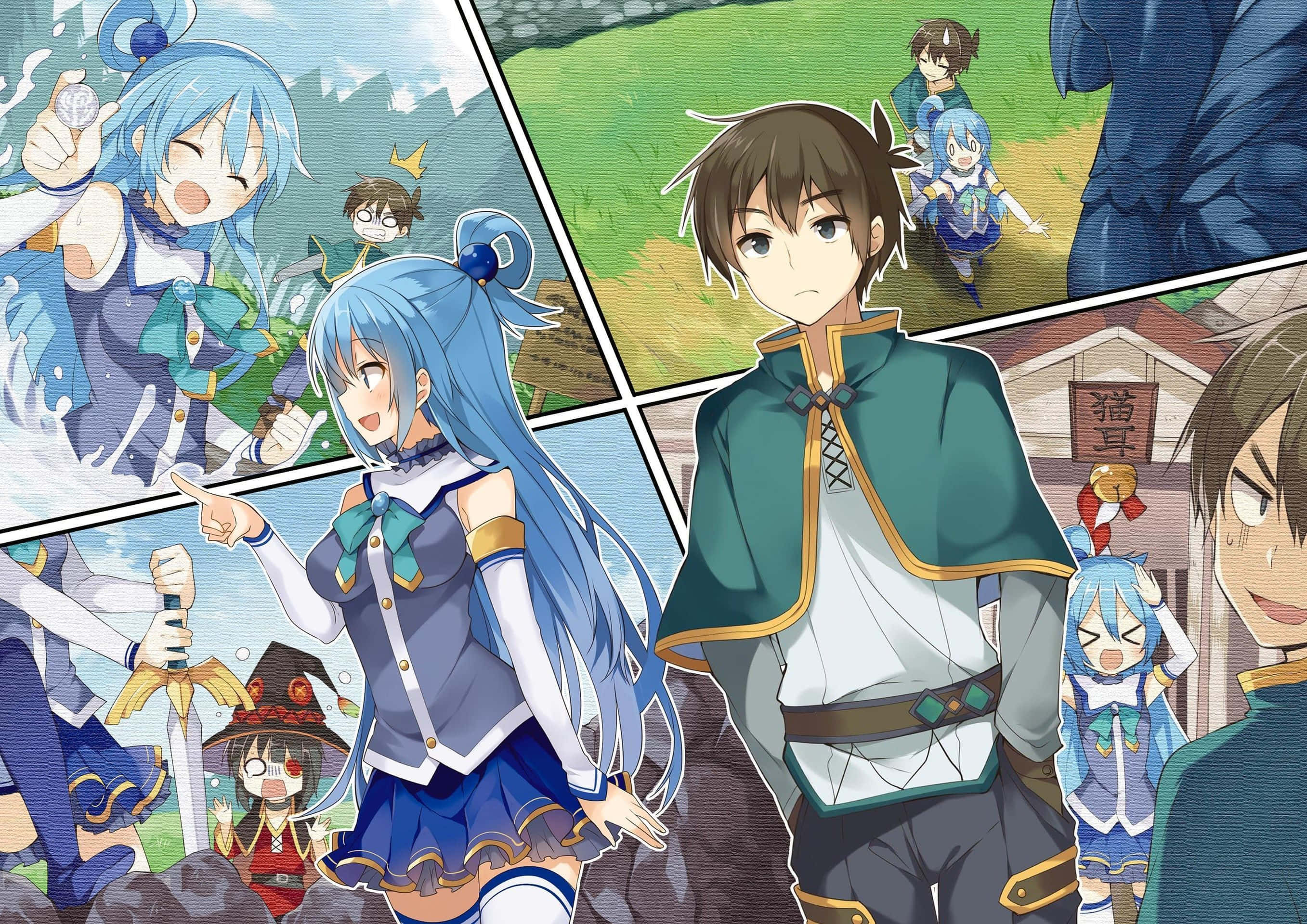 Konosuba 桌布 壁紙 — 穿著鮮豔藍色服裝的動漫角色在漫畫格中冒險，展示奇幻場景和城鎮。