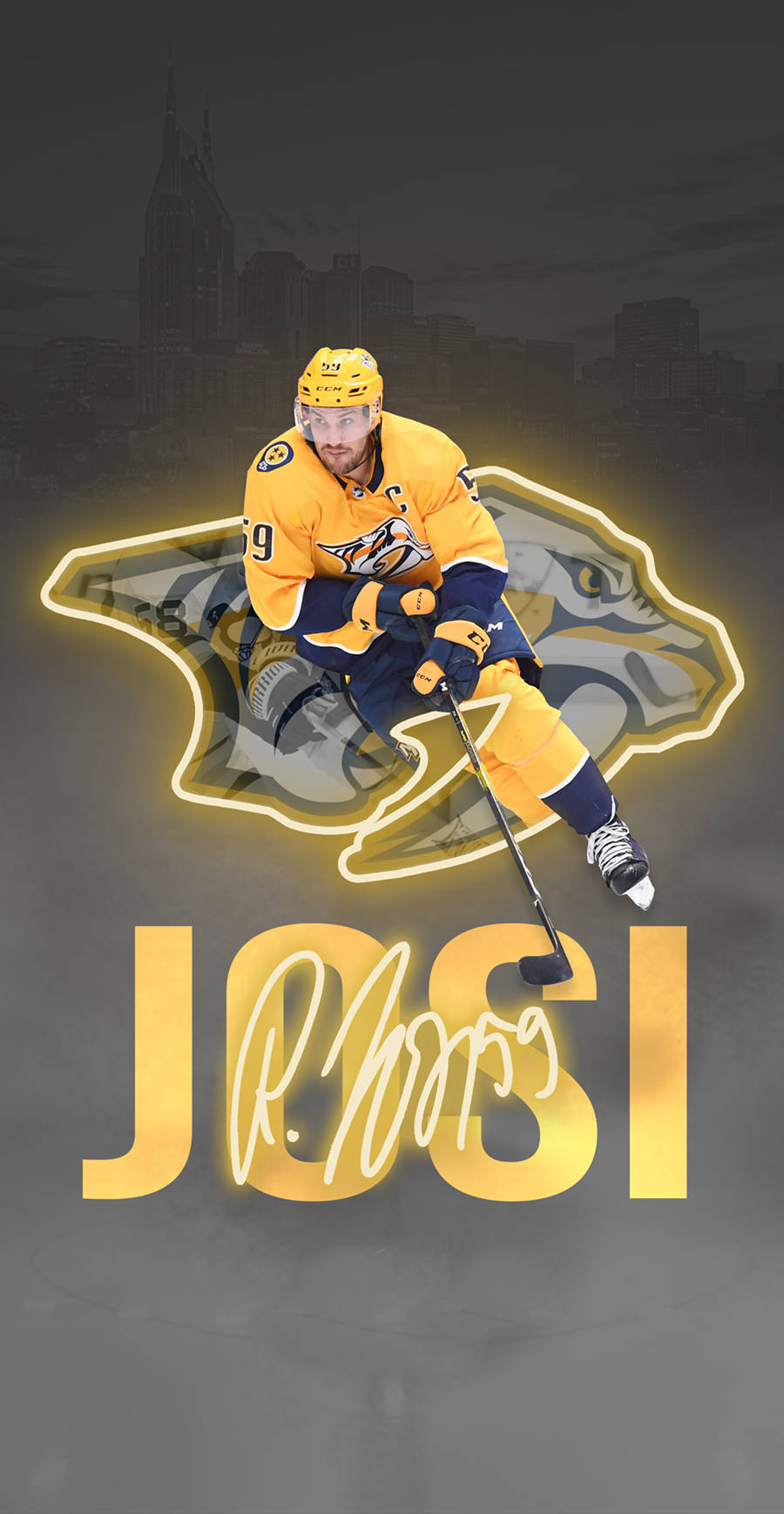 運動 桌布 壁紙 — 穿著黃色球衣的冰球運動員 Roman Josi 動態地蹲在發光的 Nashville Predators 標誌上，背景是城市天際線。