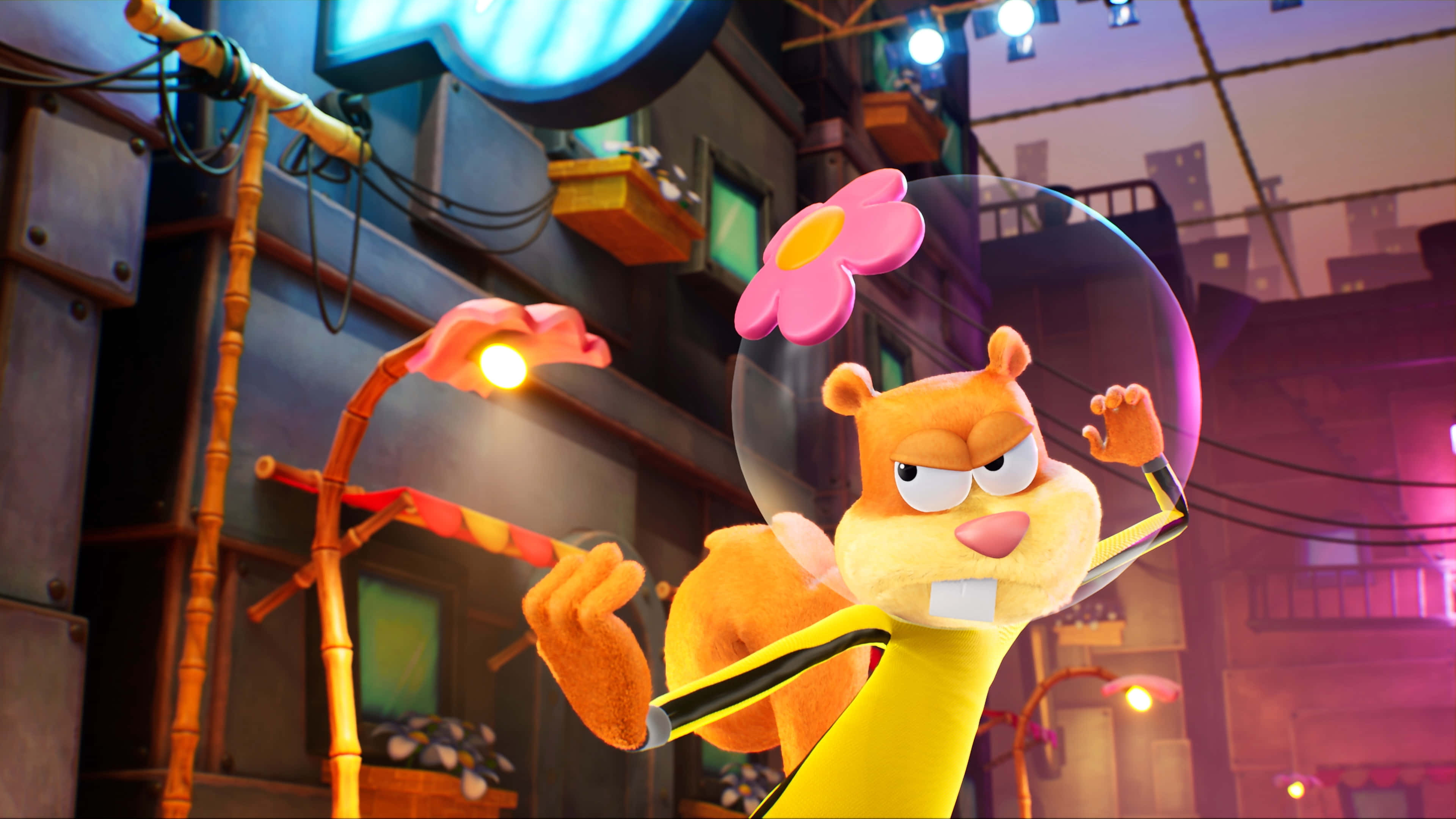 Cartoon Characters 桌布 壁紙 — 穿著黃色襯衫的章魚哥拿著帶有粉紅色花朵的泡泡棒，在夜晚霓虹燈照亮的城市小巷中吹出一個巨大的泡泡。