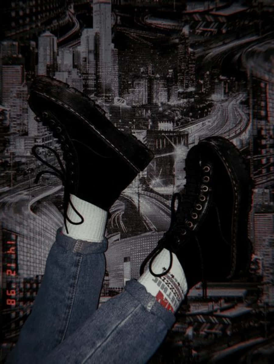 桌布 壁紙 — 穿著黑色厚底靴的腳靠在一張扭曲的黑白城市景觀壁紙上。