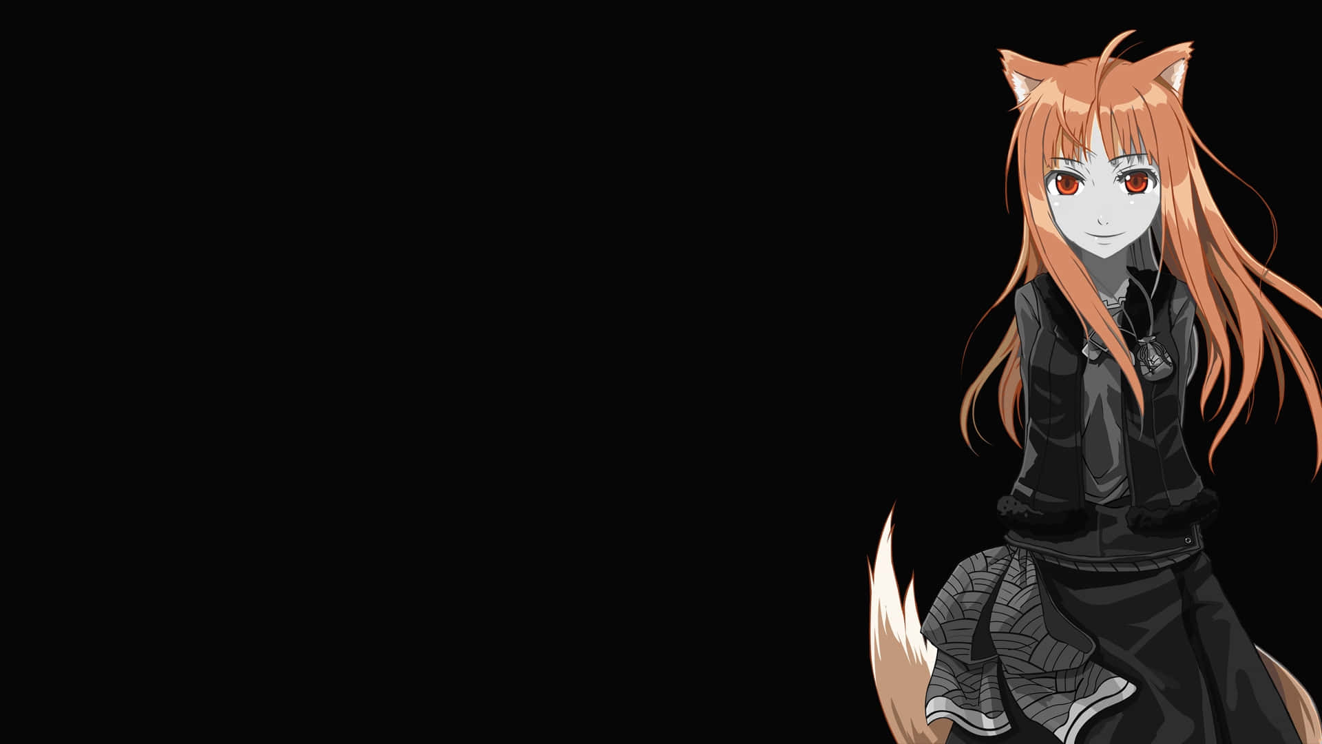 Spice And Wolf 桌布 壁紙 — 穿著黑色服裝、擁有狐狸耳朵和尾巴的動漫女孩站在純黑色背景前。
