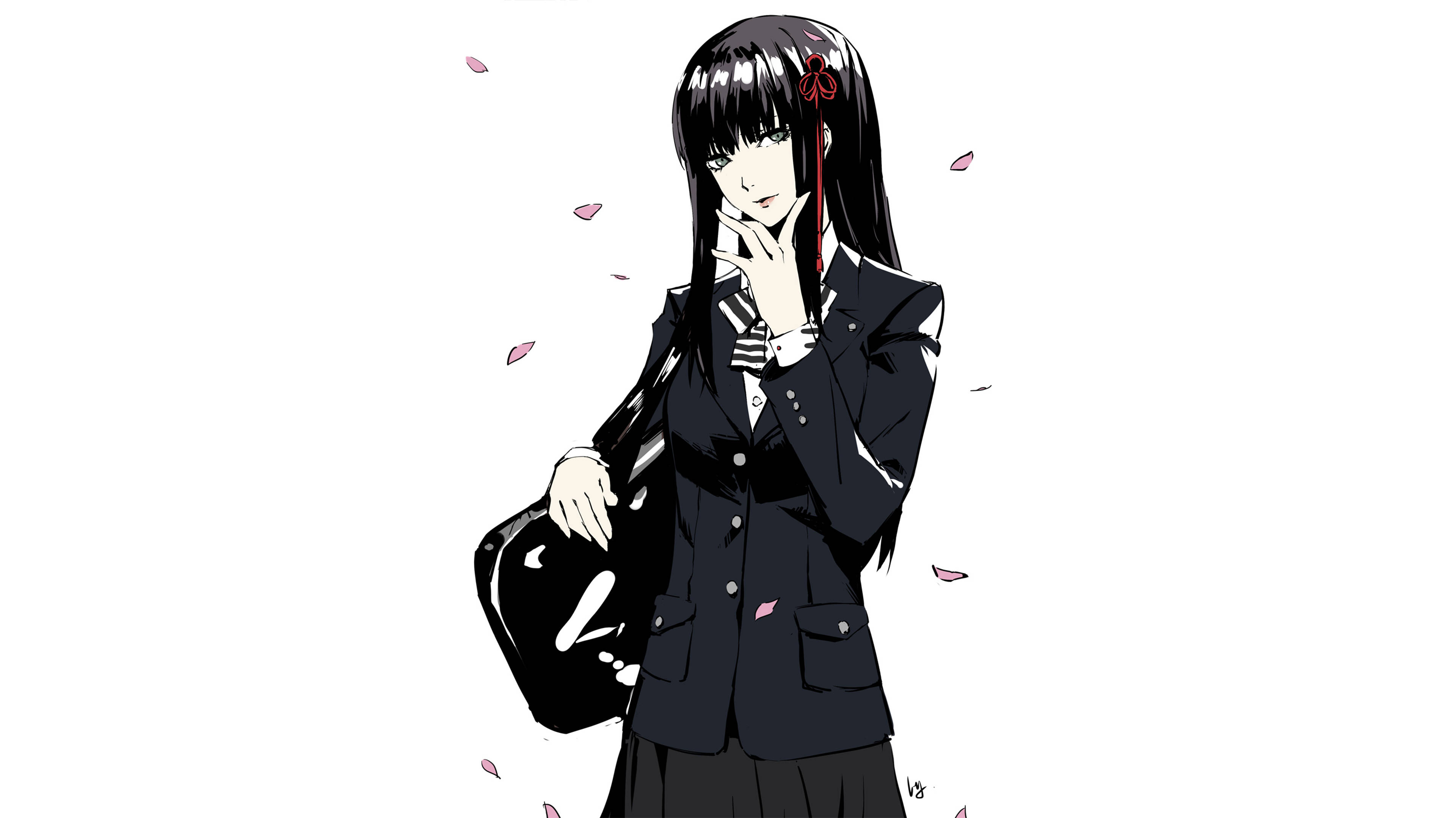 persona 5 4K 桌布 壁紙 — 穿著黑色校服、拿著袋子的動漫女孩，粉紅色花瓣在她周圍飄浮。