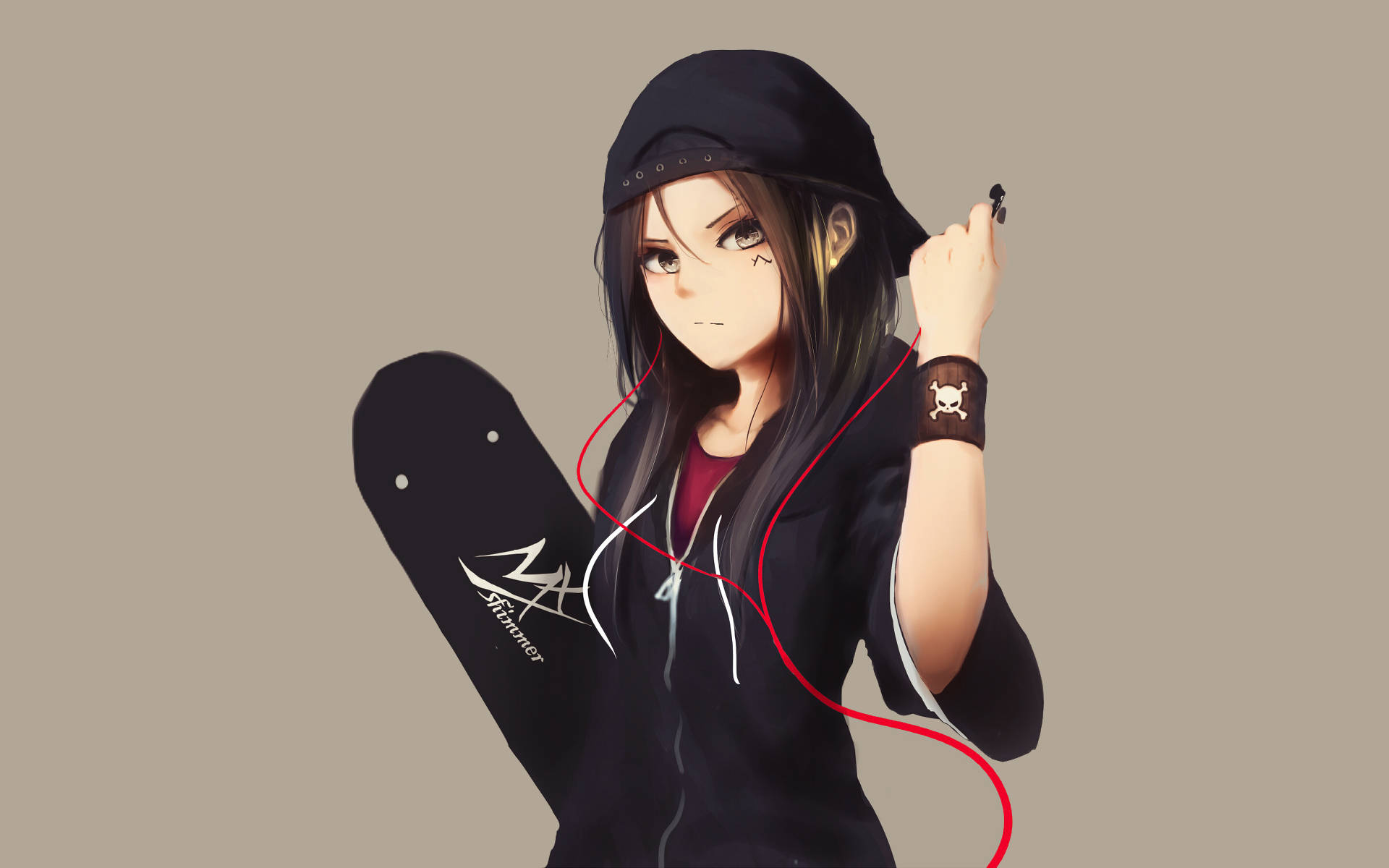 Hoodie 桌布 壁紙 — 穿著黑色連帽衫的動漫女孩，在柔和米色背景前拿著滑板和紅色耳機。