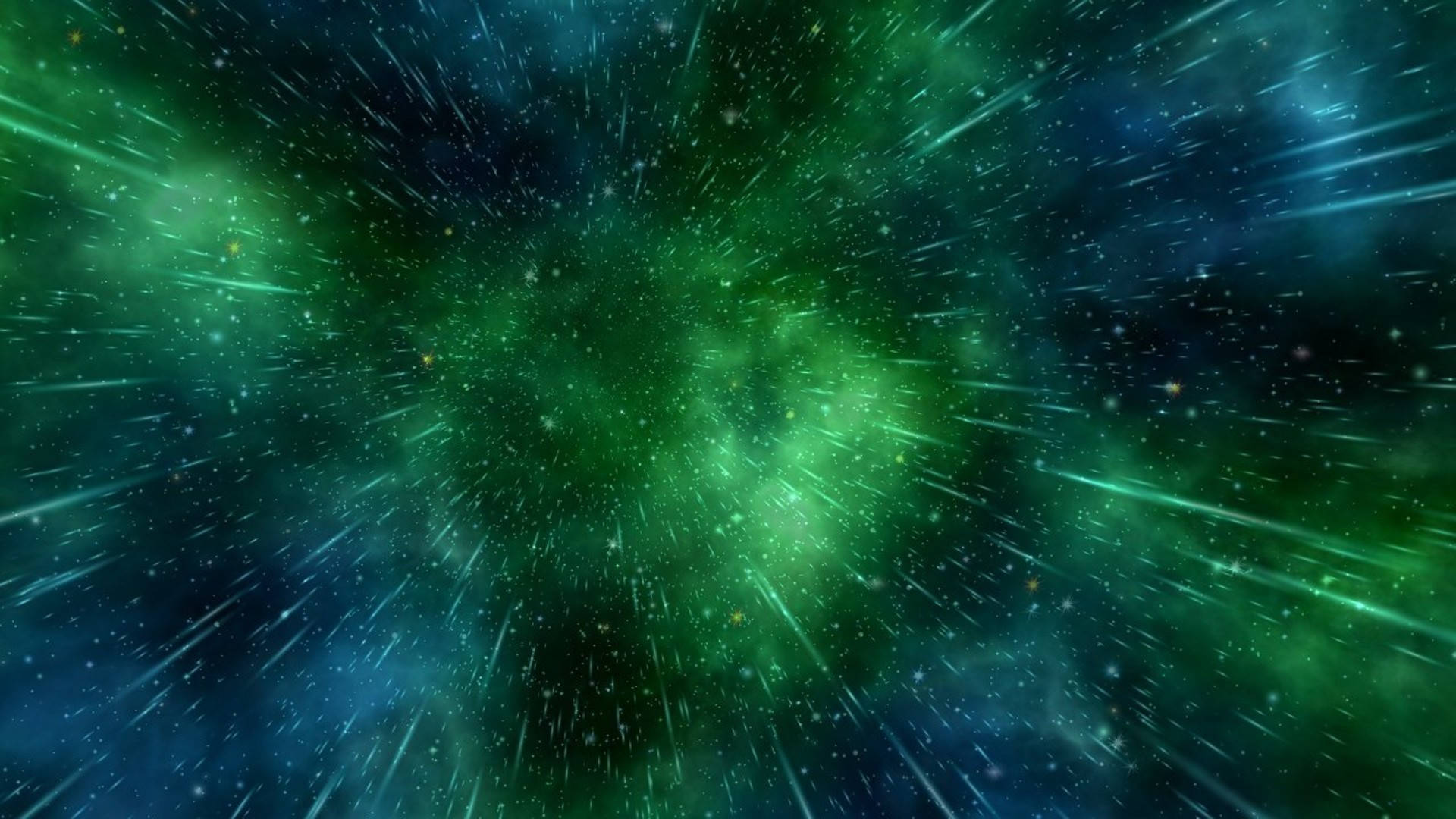 動態桌布 桌布 壁紙 — 穿越充滿活力的綠色星雲的宇宙之旅，帶有流星和發光的宇宙塵埃。