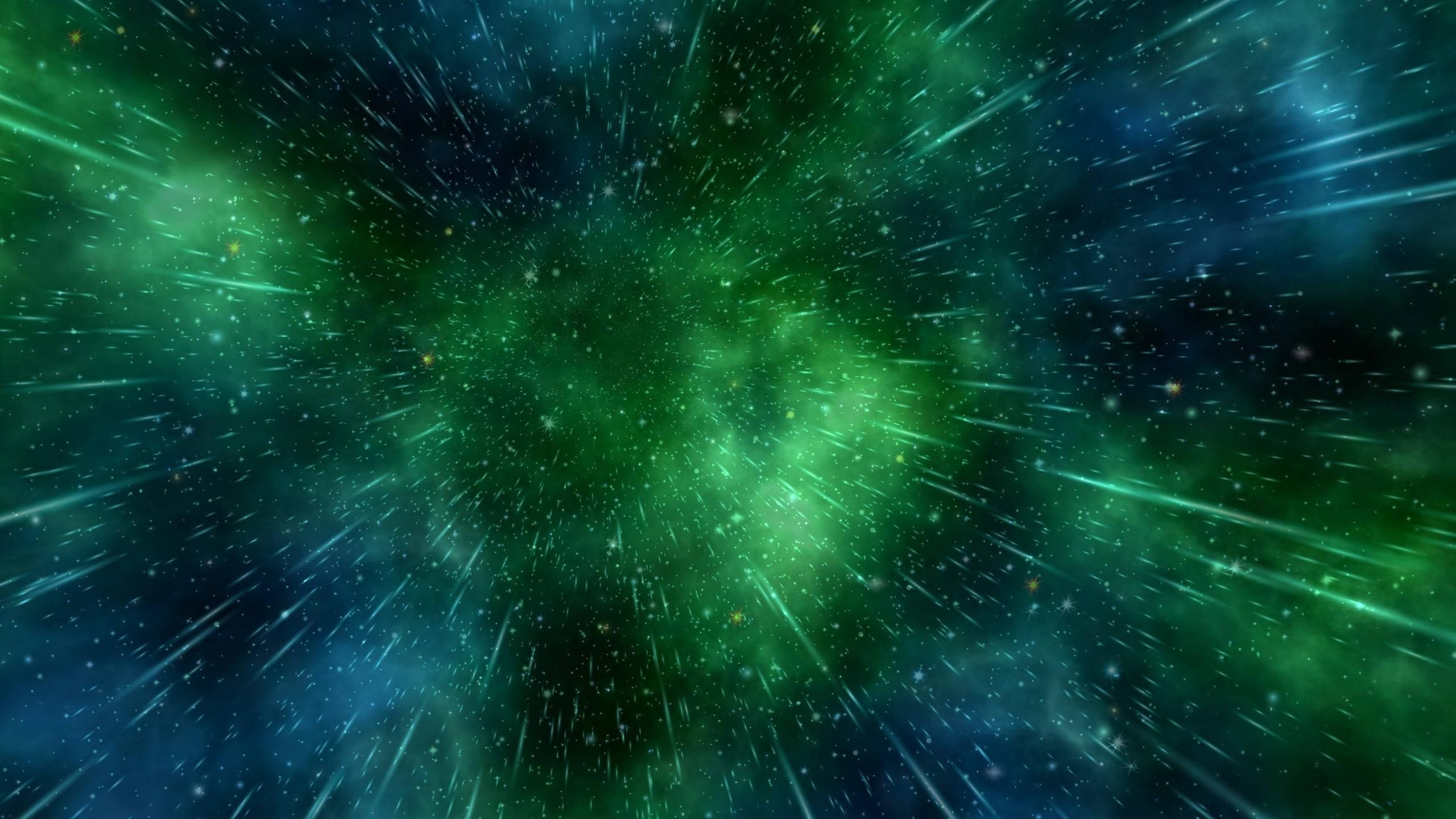 Raining 桌布 壁紙 — 穿越充滿活力的綠色星雲的宇宙之旅，伴隨著流星和深藍色的宇宙塵埃。