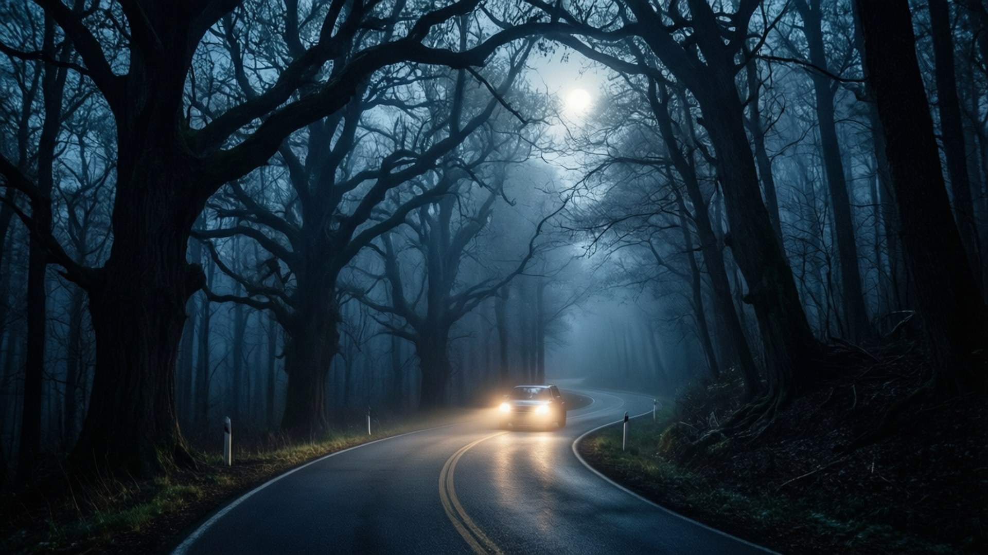 穿越幽暗森林的道路 壁紙 — 一輛孤獨的汽車車頭燈穿透迷霧般的黑暗，在蒼白的月亮下，沿著一條蜿蜒的森林道路行駛，兩旁是高聳的禿樹。