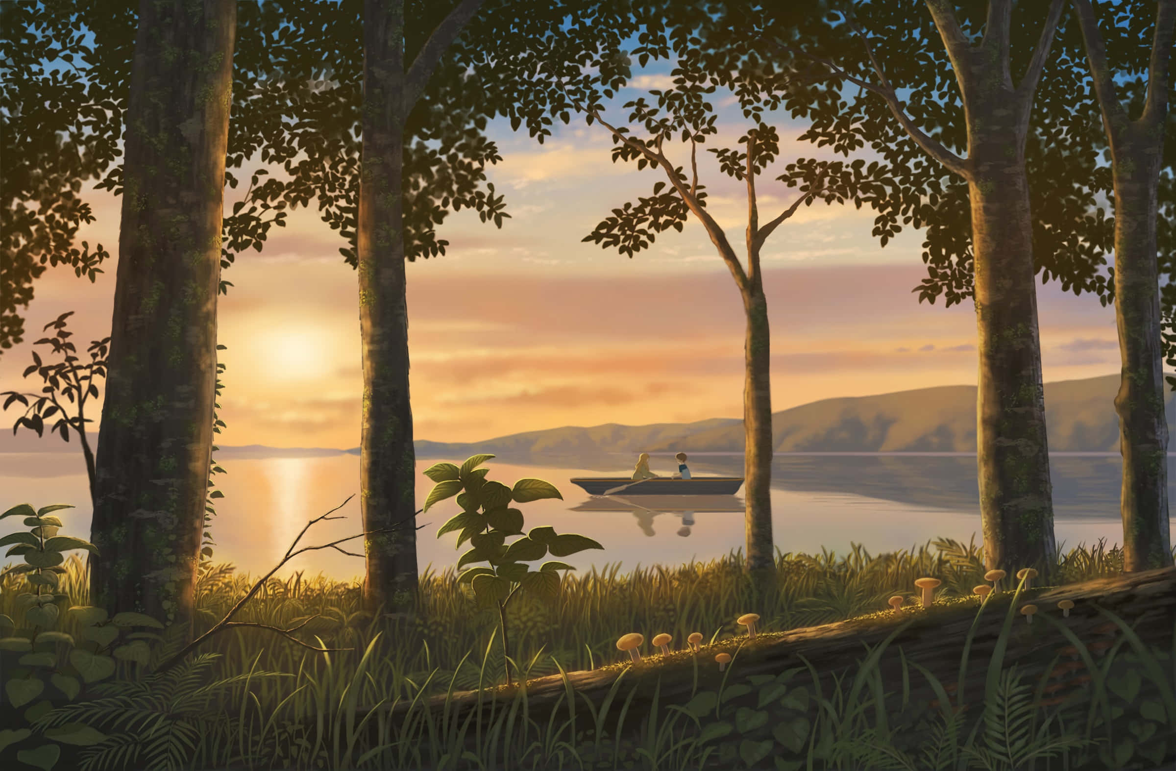 when marnie was there 桌布 壁紙 — 穿過森林樹木看到的寧靜日落景色，顯露出一艘孤獨的小船，上面有兩個人在平靜的湖面上漂流，遠處有山丘。