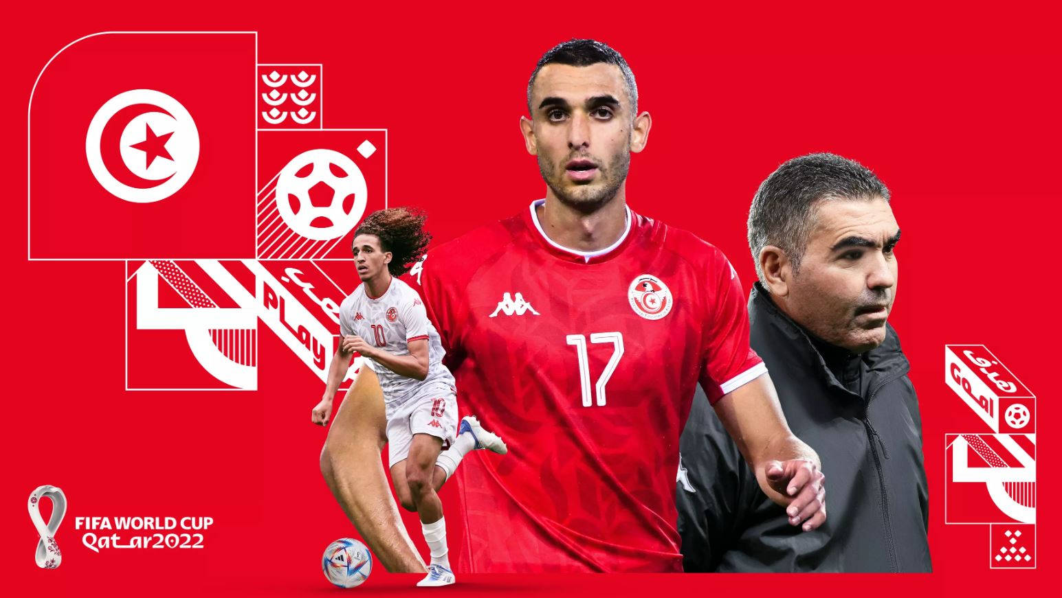 Tunisia 桌布 壁紙 — 突尼西亞國家足球隊球員和教練身穿紅色球衣，以鮮明的紅色背景搭配錦標賽圖案。