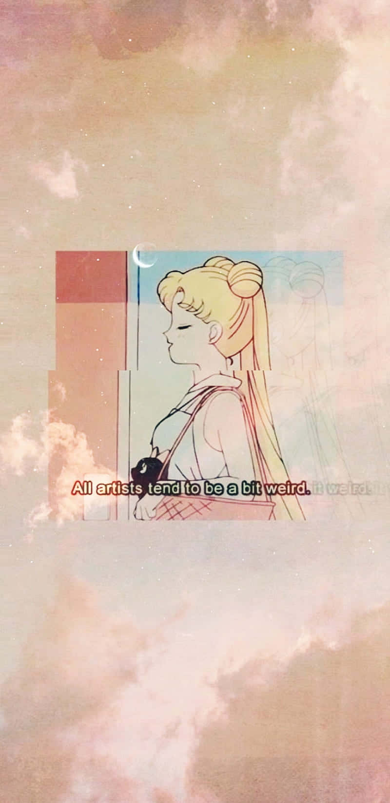 Pink Aesthetic Anime Phone 桌布 壁紙 — 窗框中的金髮動漫女孩，背景是柔和的粉彩天空和浮動文字。