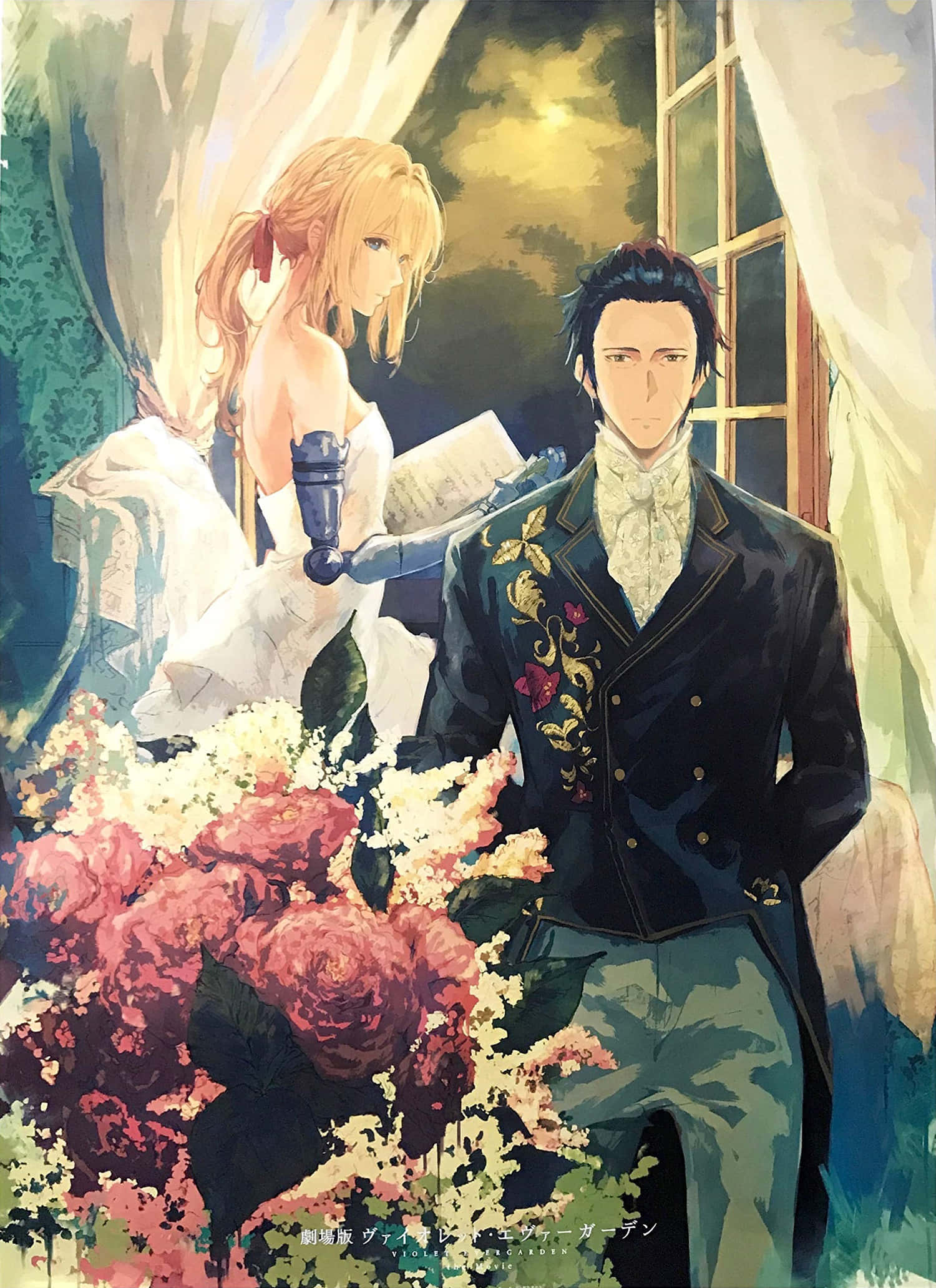 Gilbert Bougainvillea 桌布 壁紙 — 窗邊一個浪漫的動畫場景，一位身穿正式西裝的男士和一位身穿白色連衣裙的女士站在一大束玫瑰旁邊。