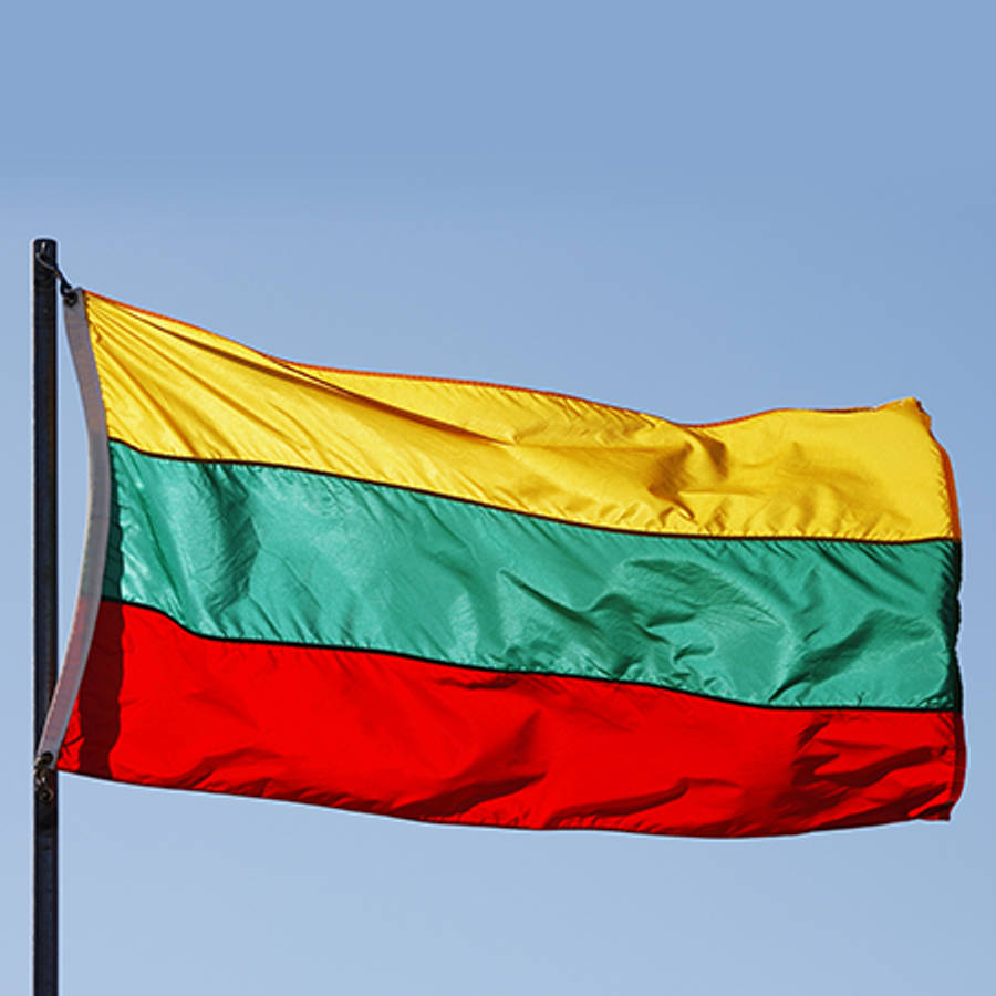 Lithuania 桌布 壁紙 — 立陶宛國旗，黃、綠、紅橫條，在晴朗藍天下隨風飄揚。