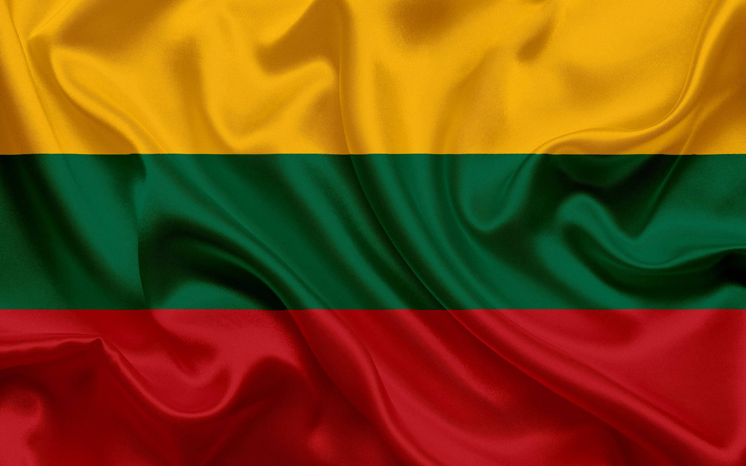 Flag 桌布 壁紙 — 立陶宛國旗的特寫，金色黃色、綠色和紅色的水平條紋在柔軟的布料褶皺中飄動。