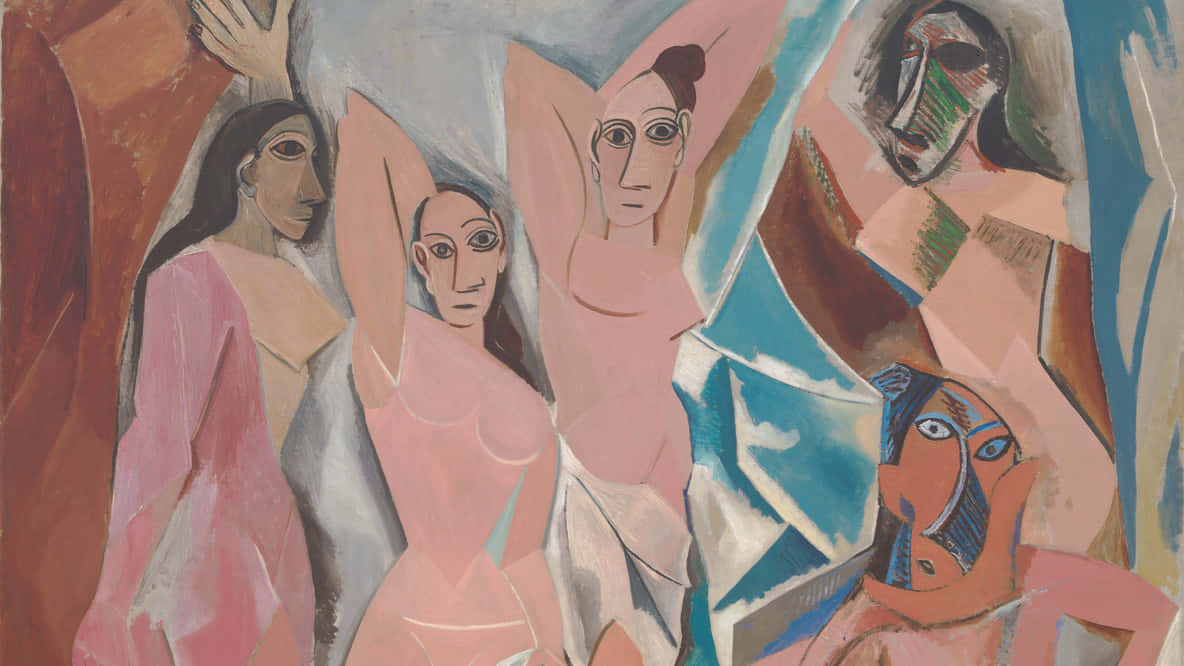 Picasso 桌布 壁紙 — 立體主義繪畫，以粉紅、藍色和大地色調描繪碎片化的女性形象，具有棱角分明的形狀和大膽的筆觸。